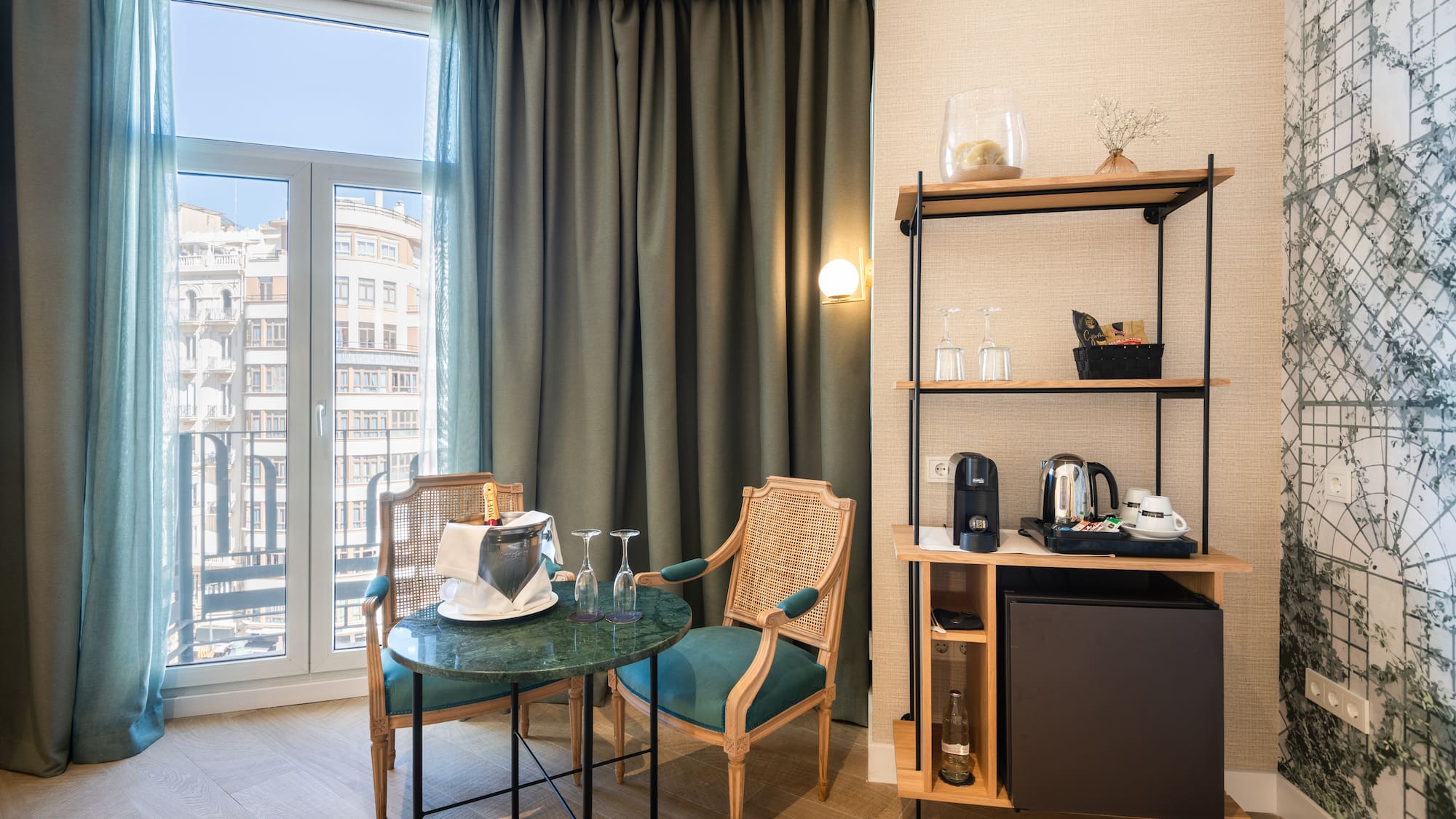 a room with a table and chairs