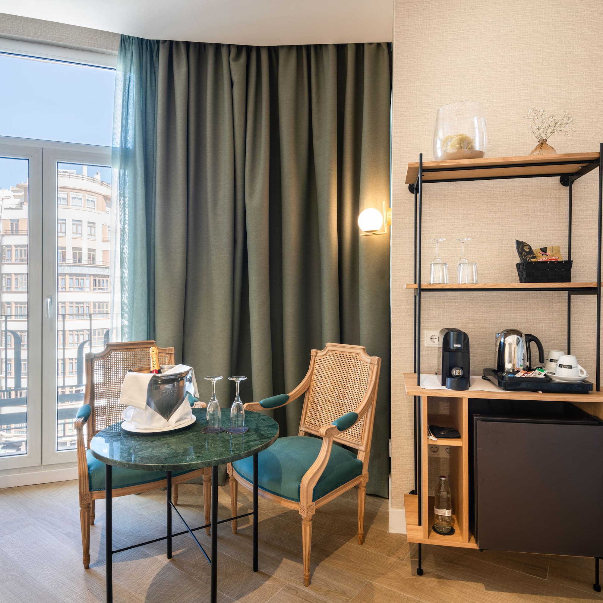 a room with a table and chairs