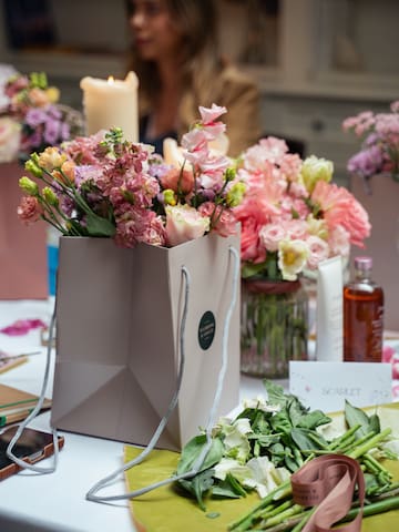 a bag of flowers on a table