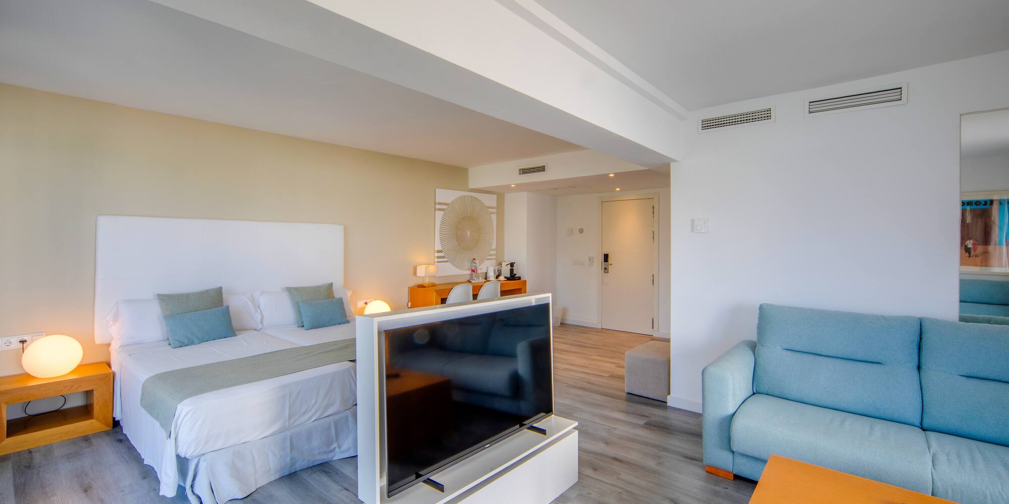 a room with a tv and a bed