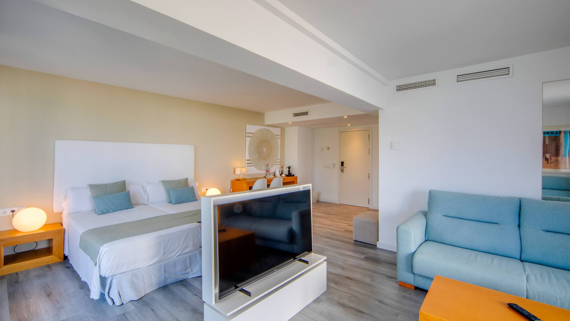 a room with a tv and a bed