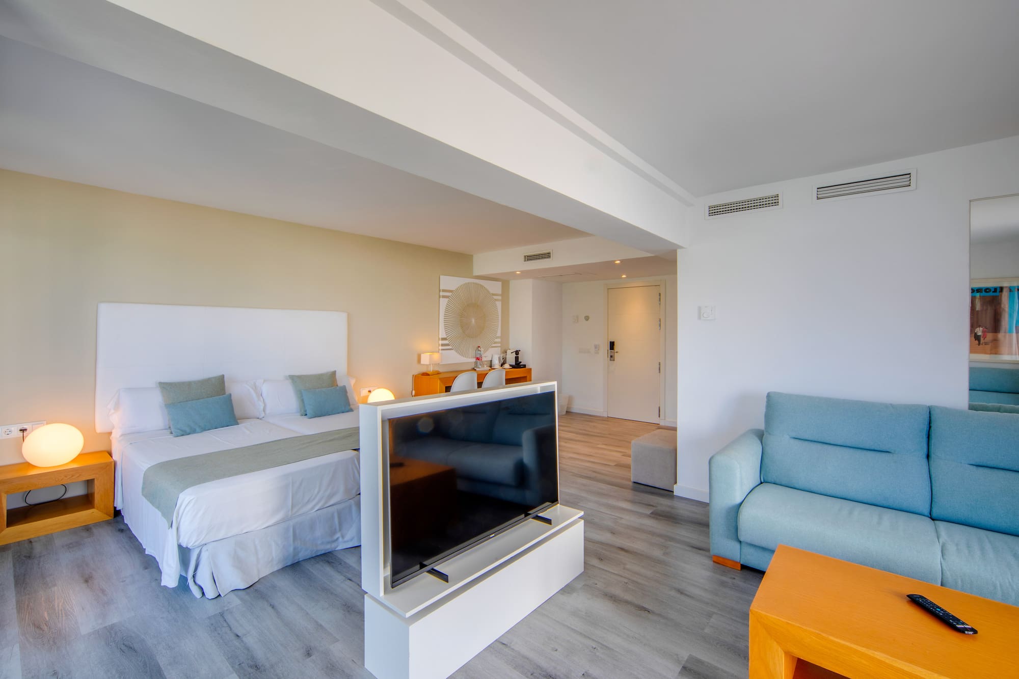 a room with a tv and a bed