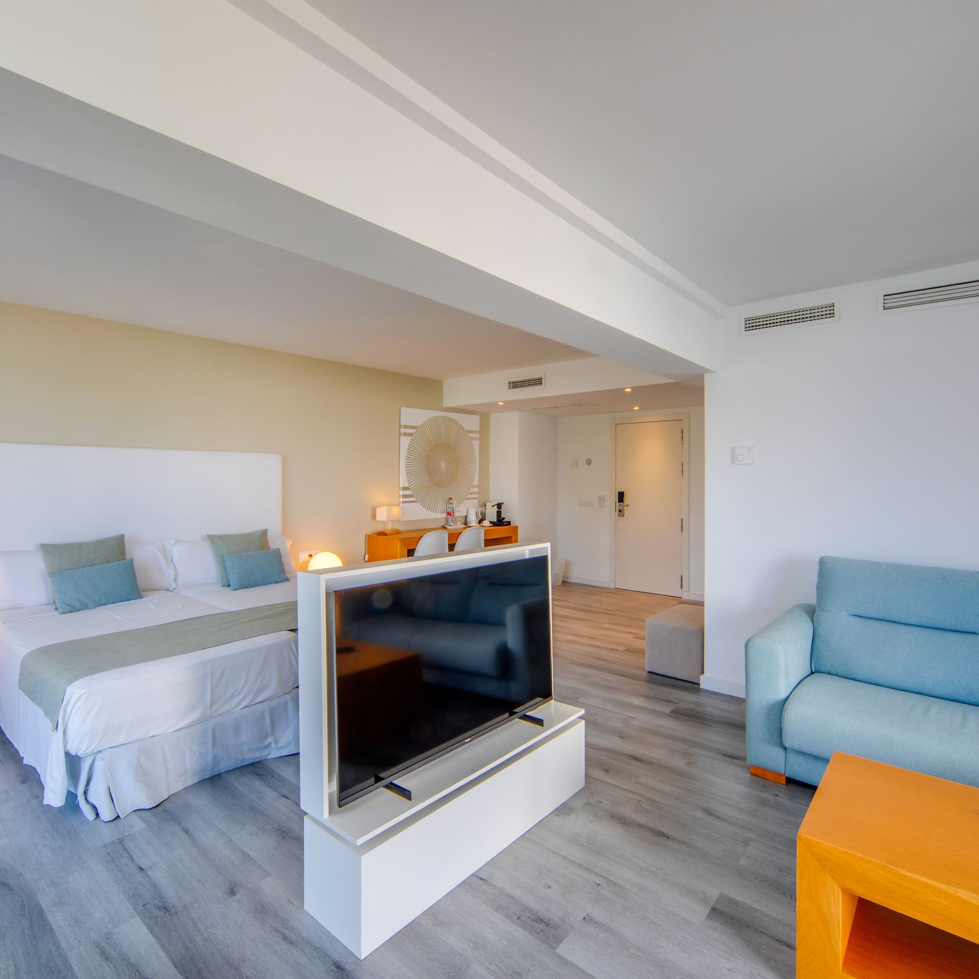 a room with a tv and a bed