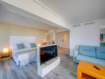 a room with a tv and a bed