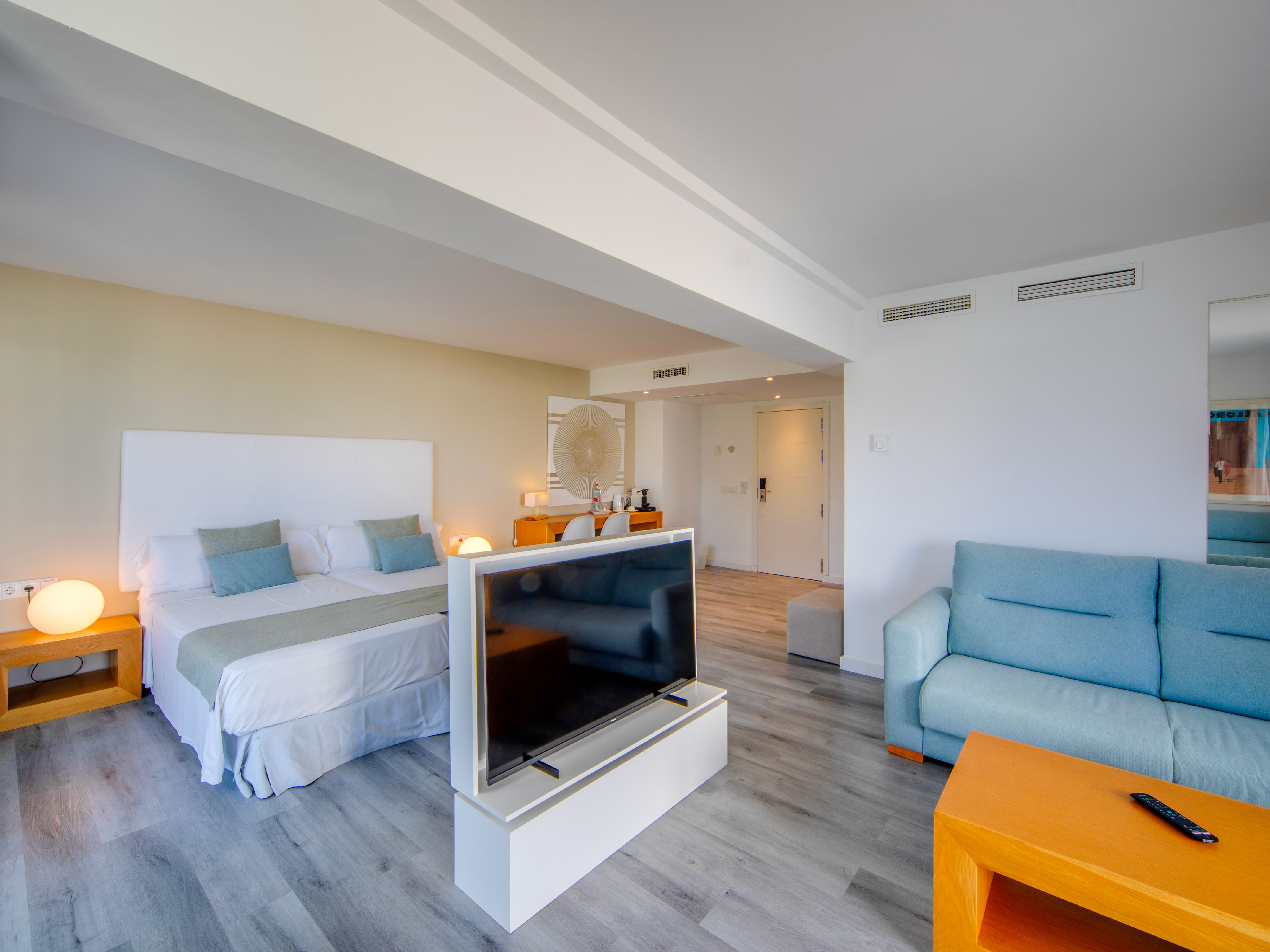 a room with a tv and a bed