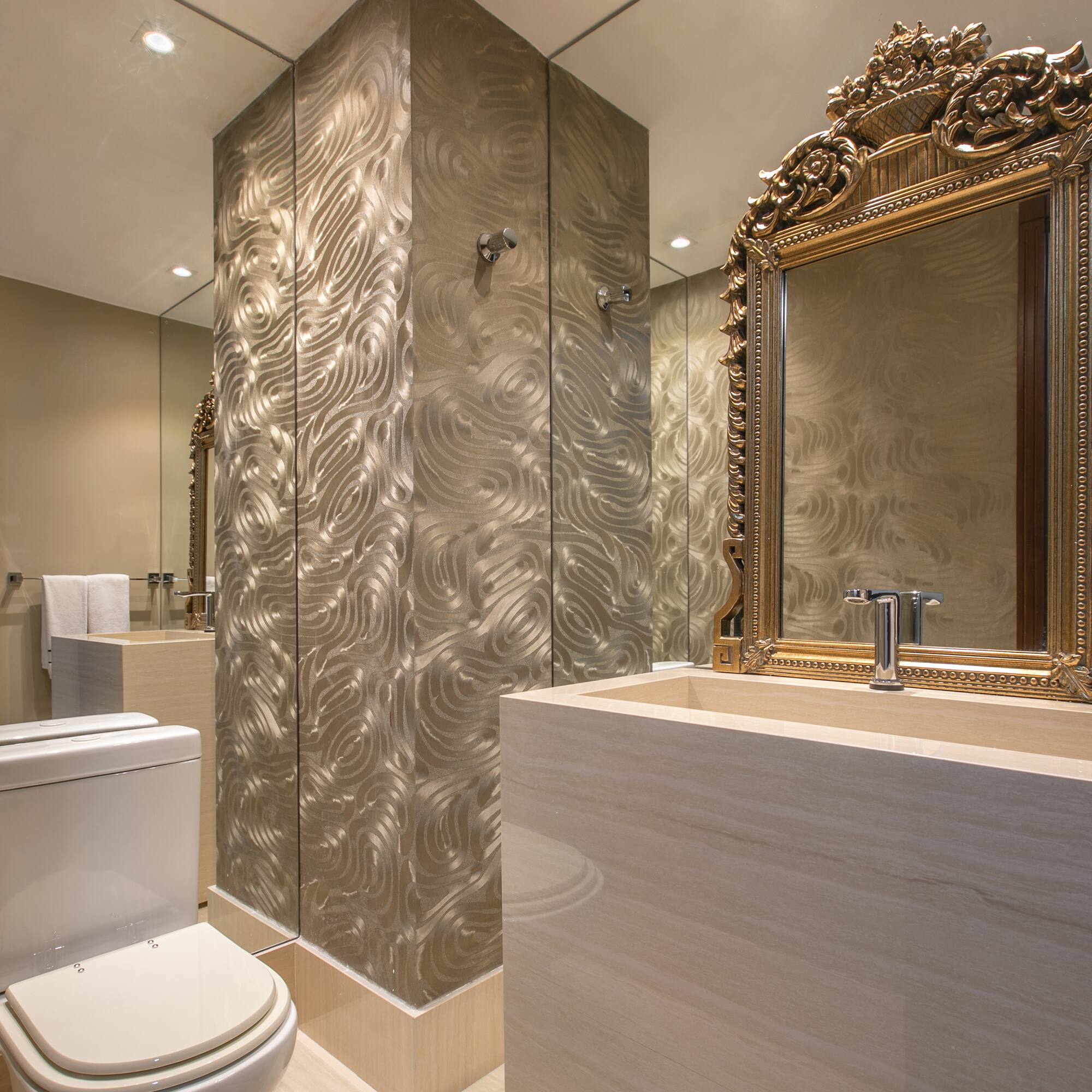a bathroom with a mirror and a sink
