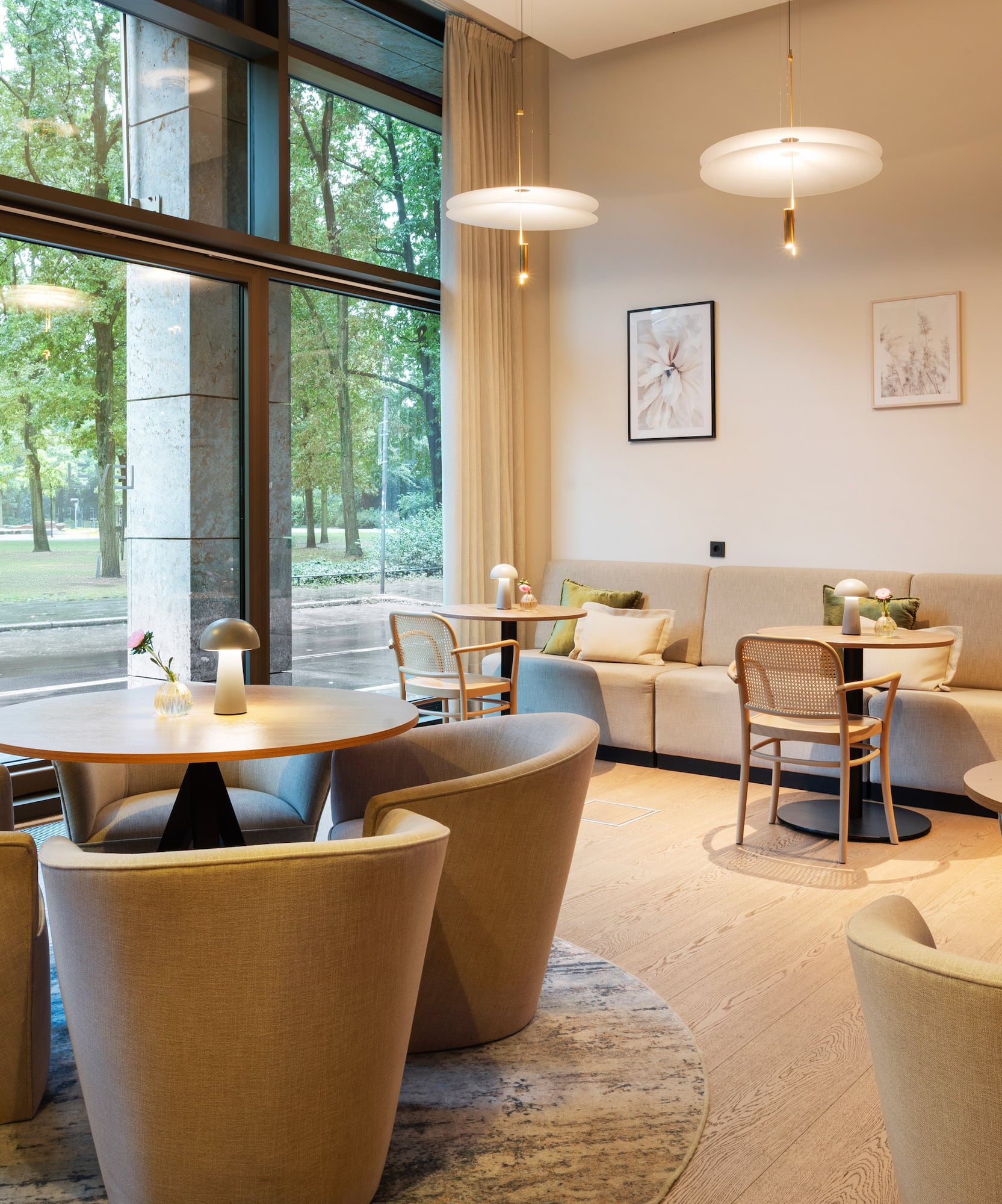 a room with tables and chairs