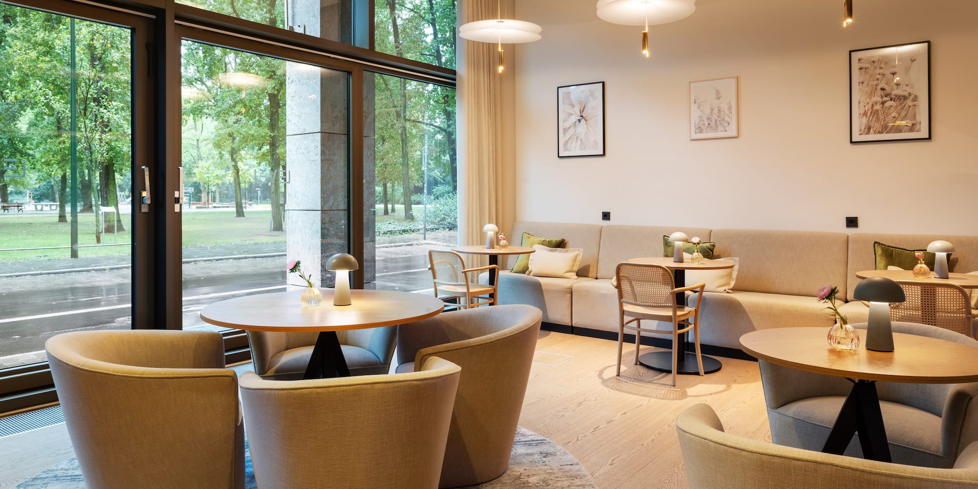 a room with tables and chairs