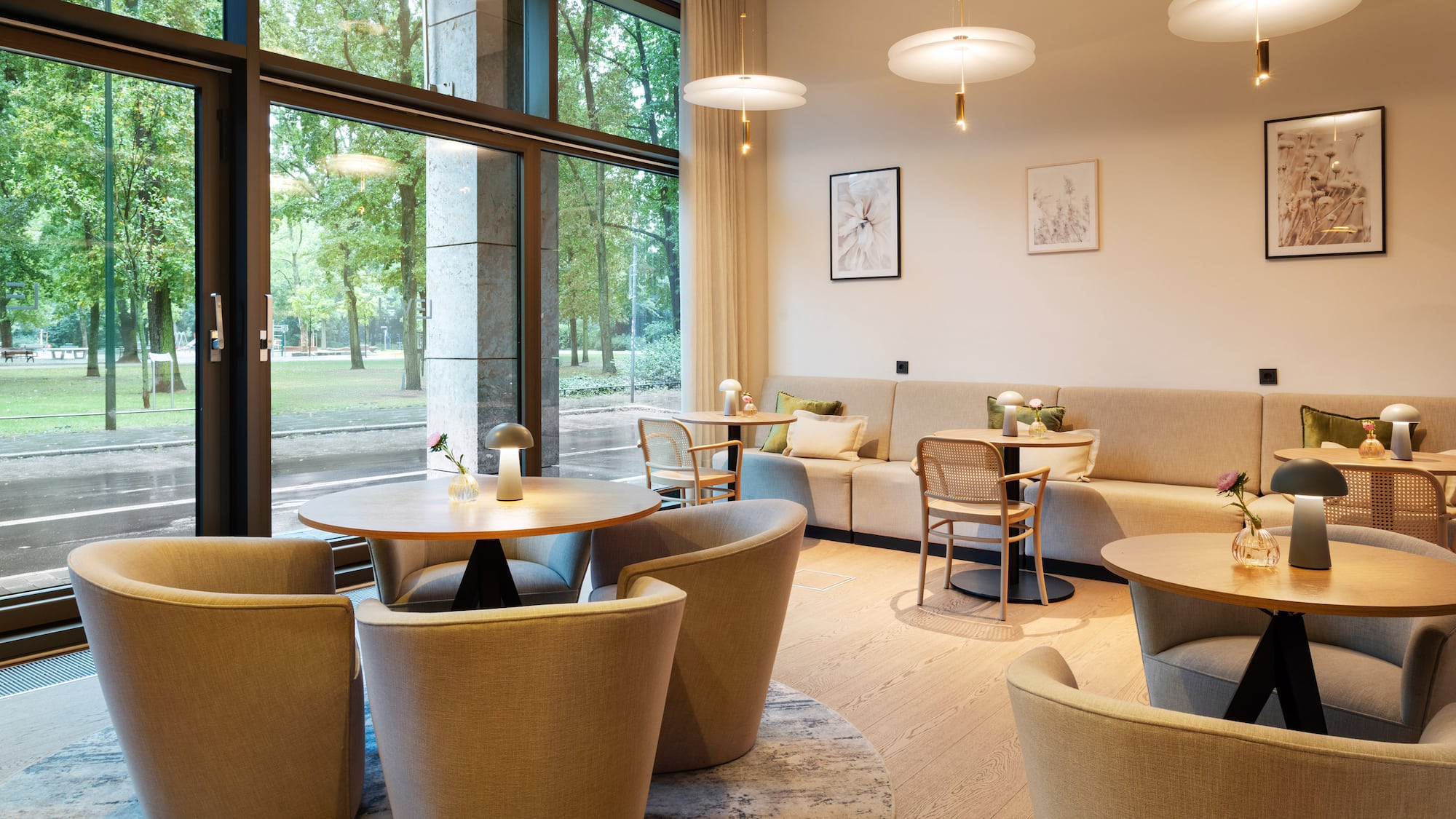 a room with tables and chairs