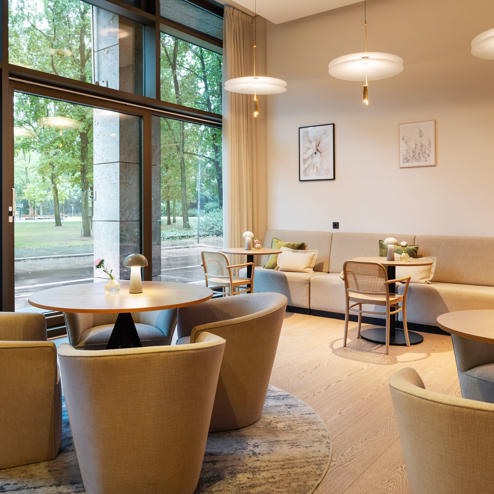 a room with tables and chairs