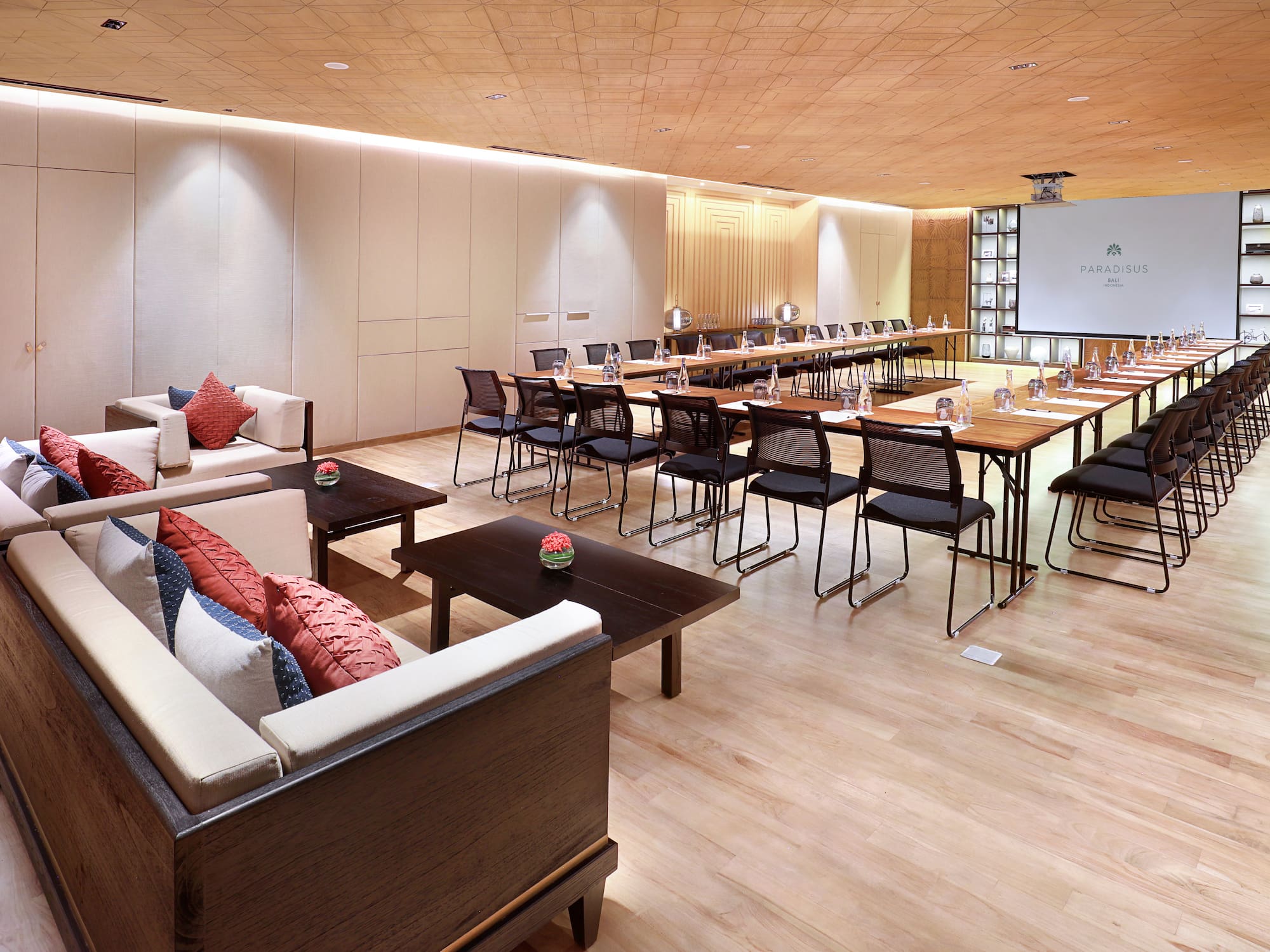 a room with tables and chairs