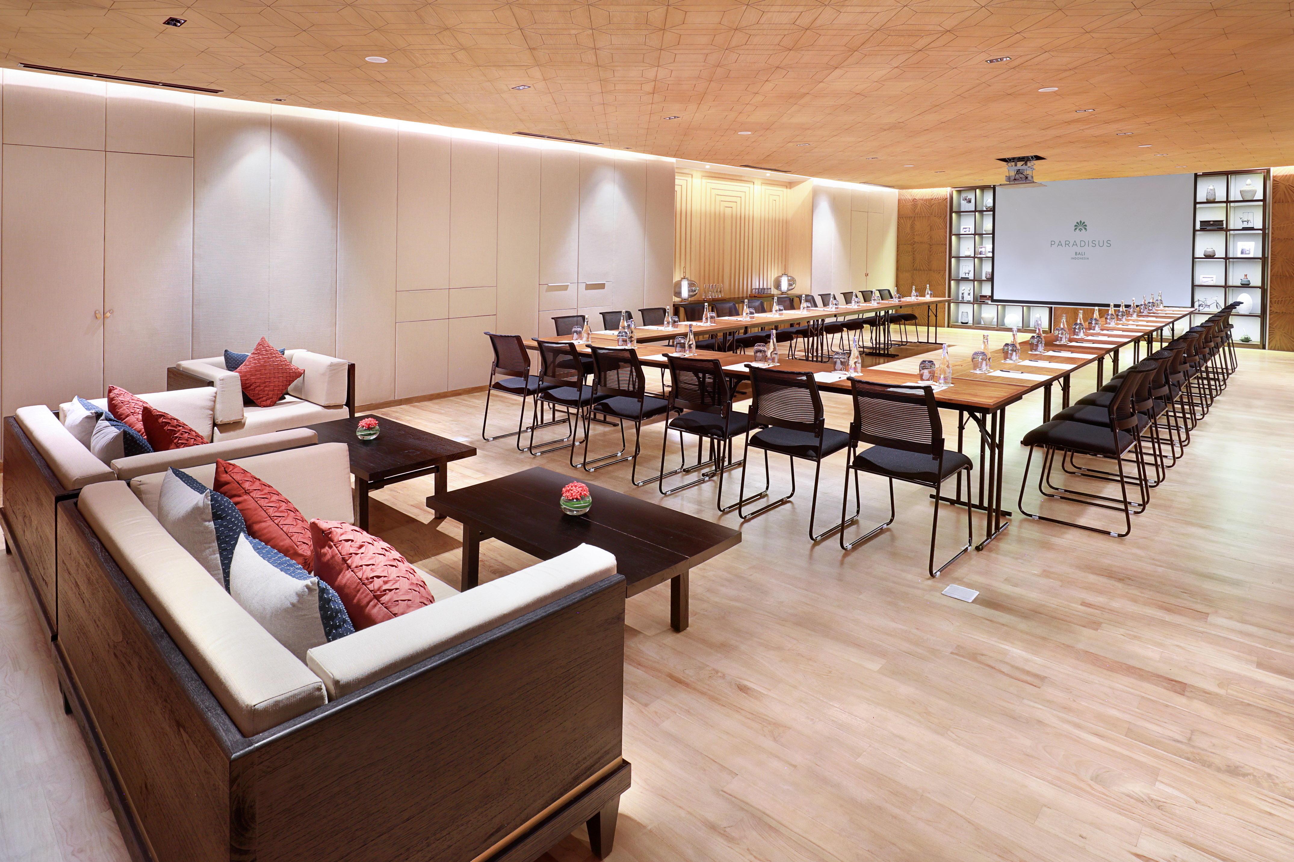 a room with tables and chairs
