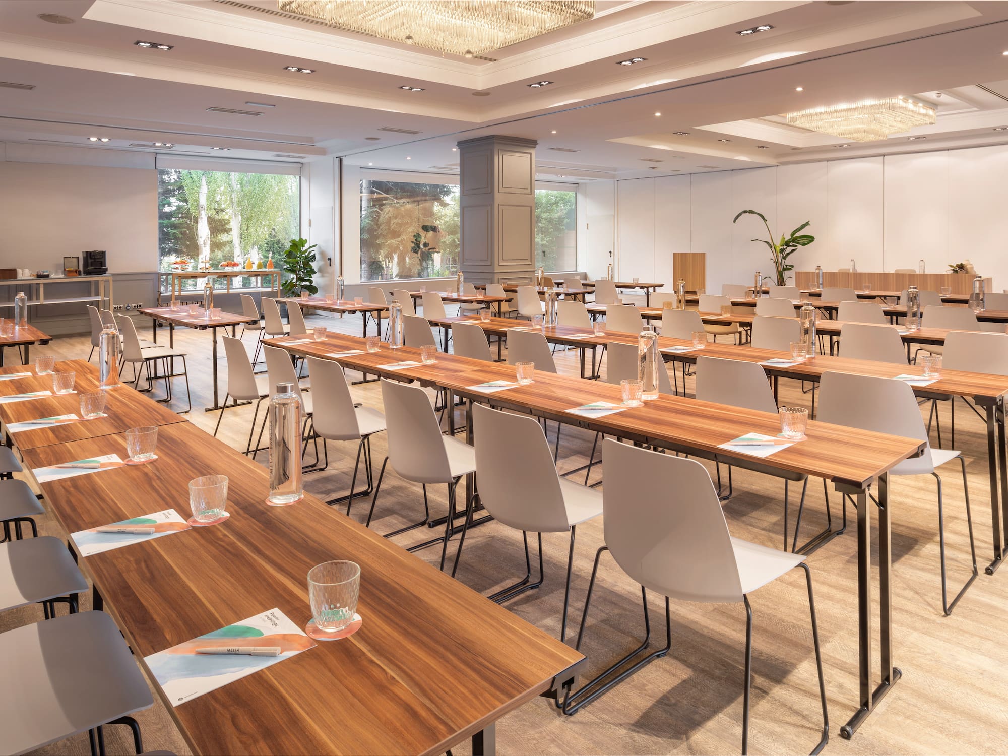 a room with tables and chairs