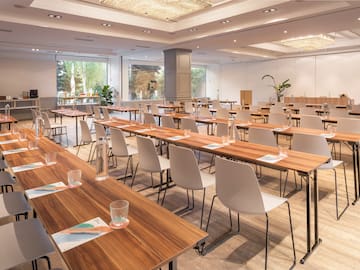 a room with tables and chairs