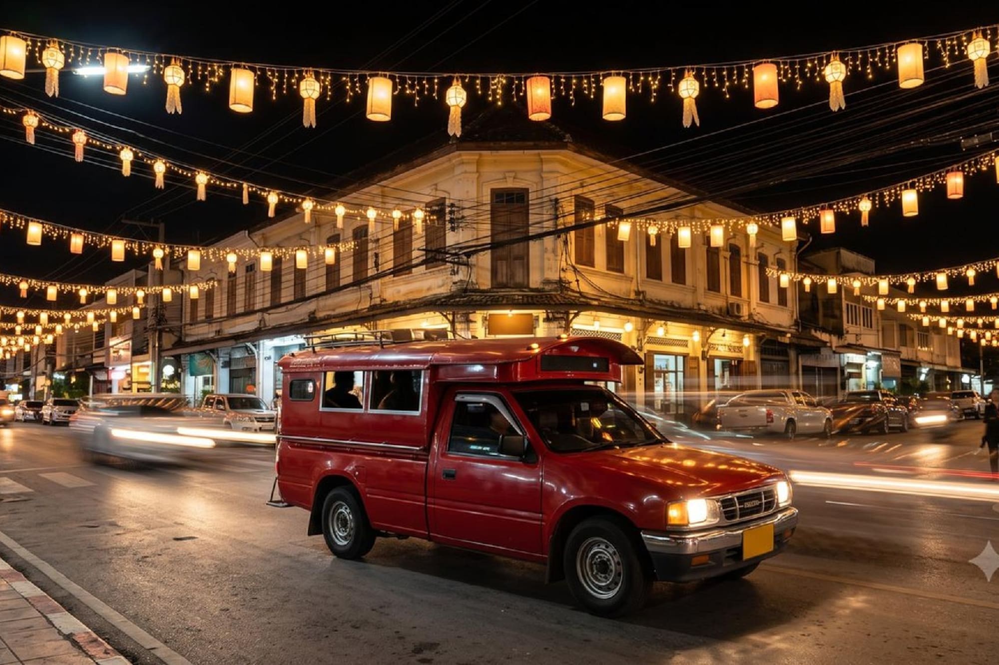 Night street in Thailand with red Songthaew truck and festive lanterns.