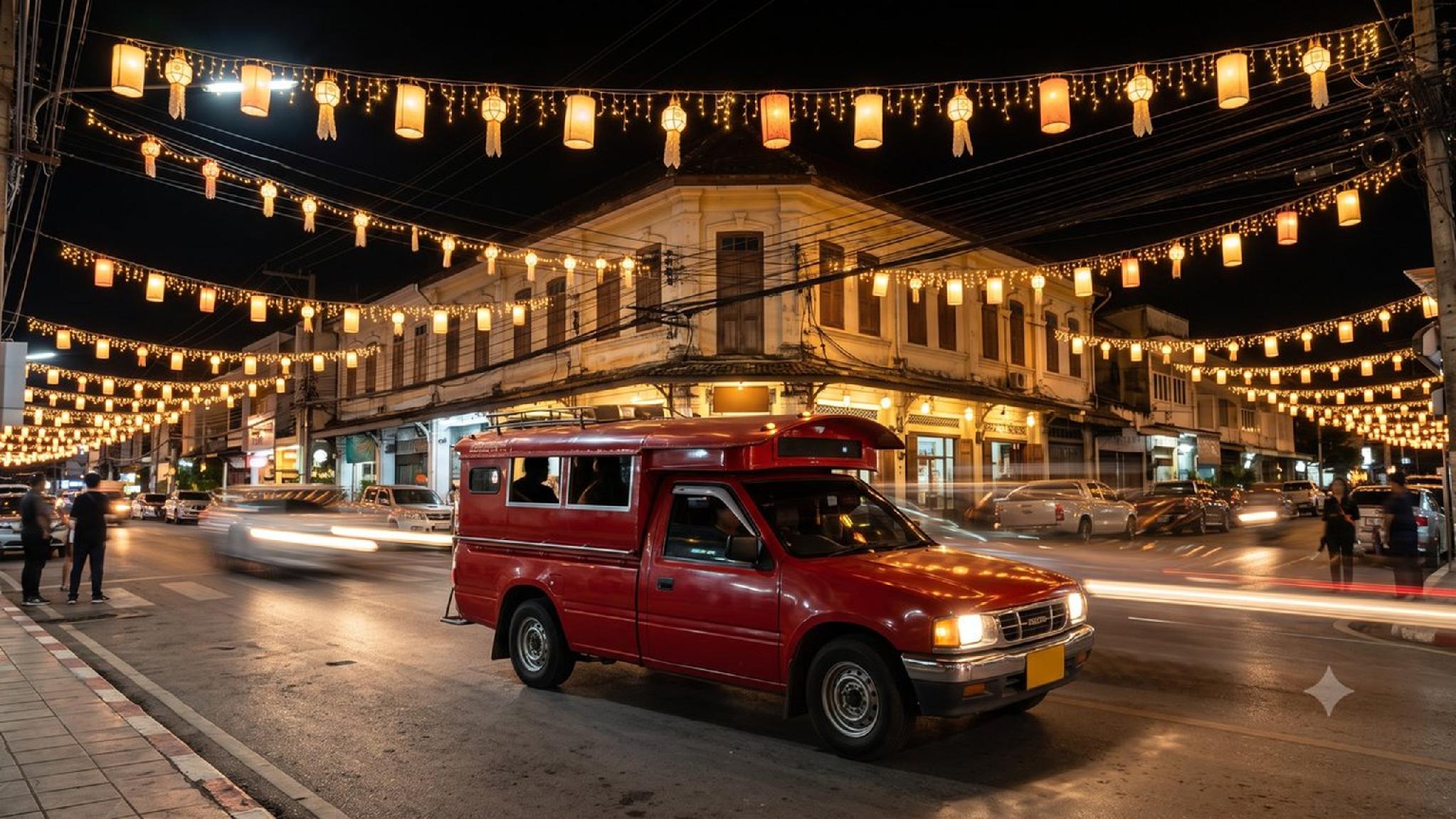 Night street in Thailand with red Songthaew truck and festive lanterns.