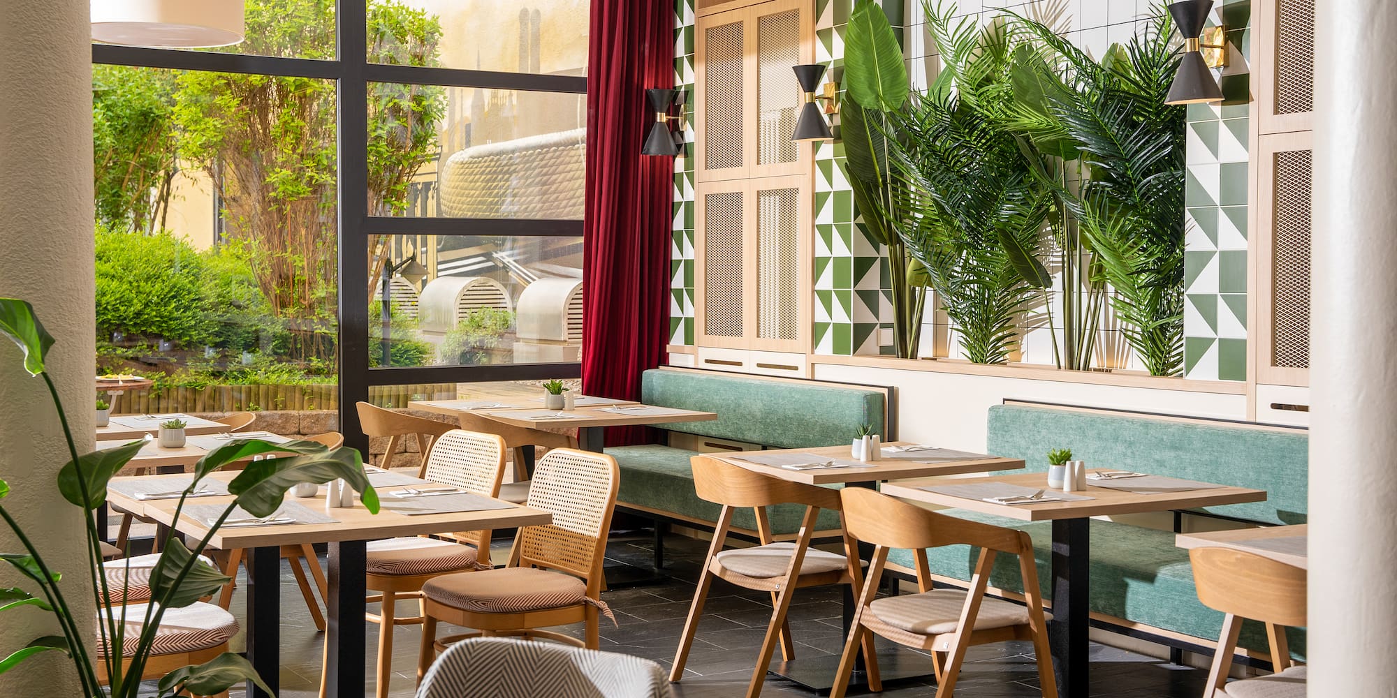 a room with tables and chairs