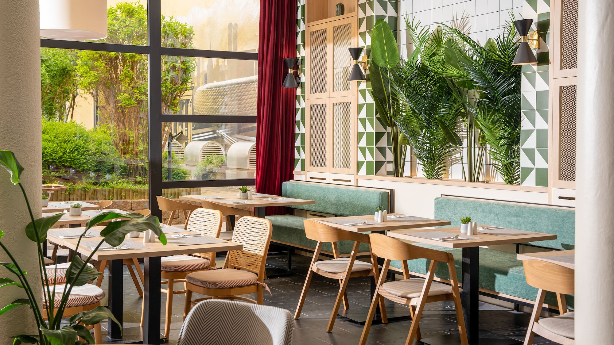 a room with tables and chairs