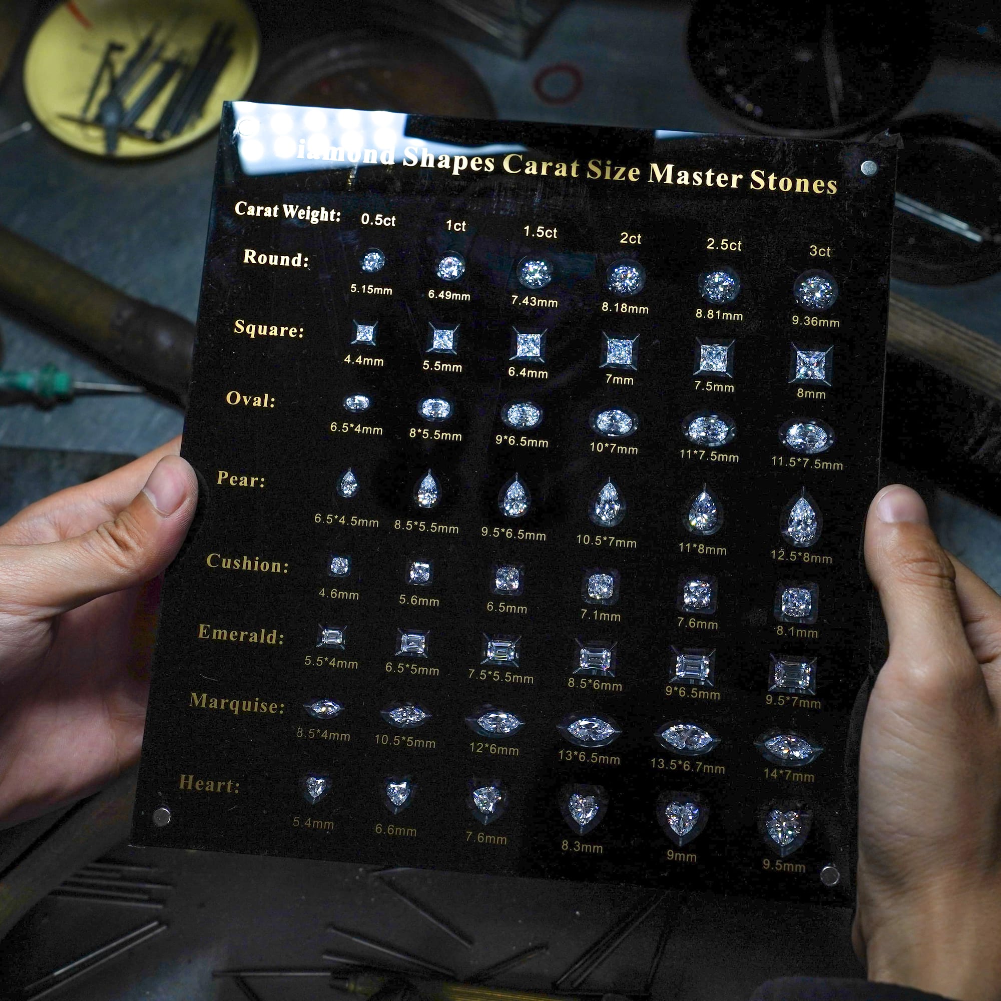 hands holding a black sign with a variety of shapes