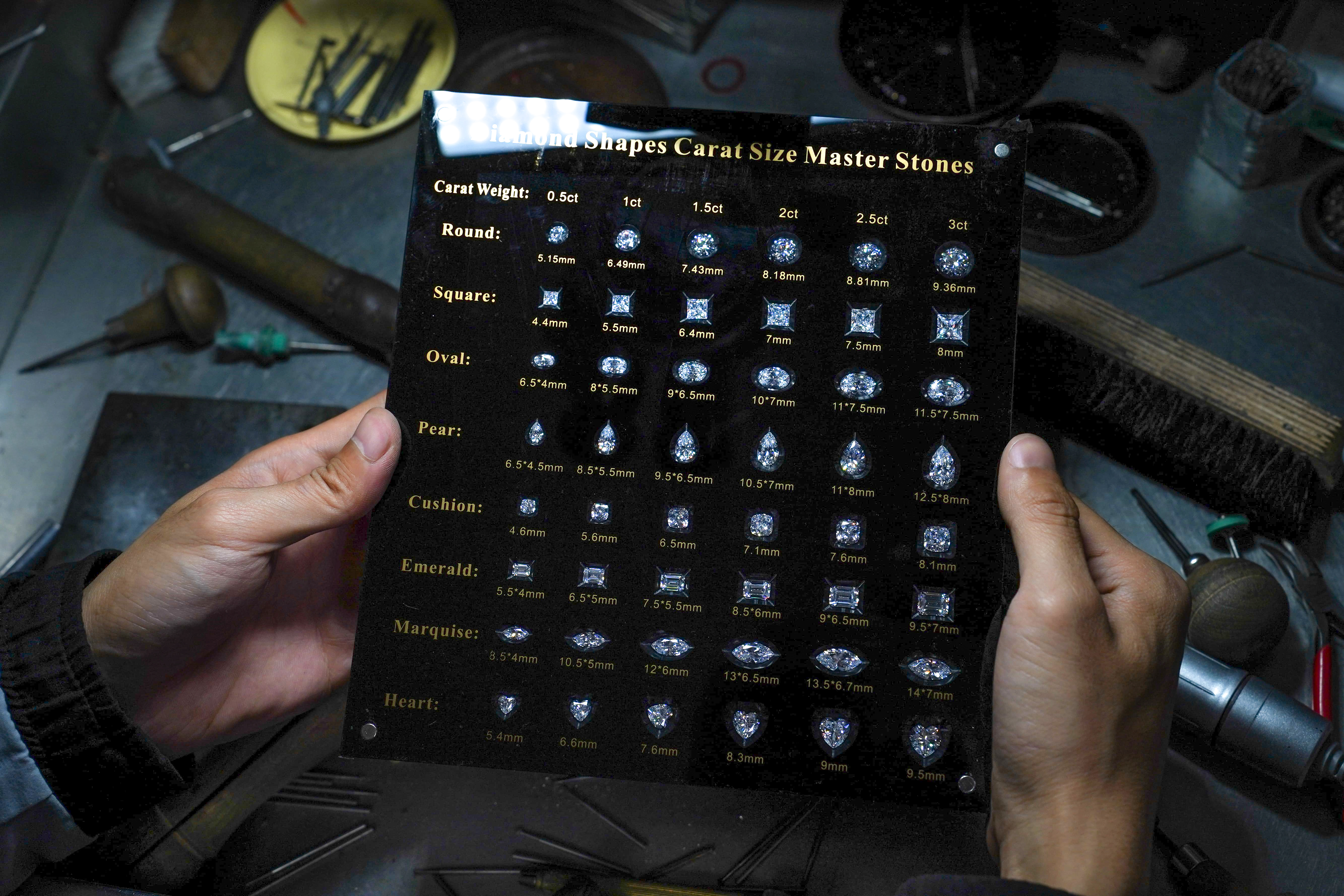 hands holding a black sign with a variety of shapes