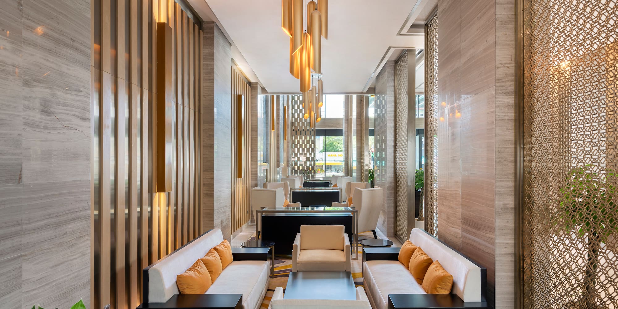 a room with couches and tables