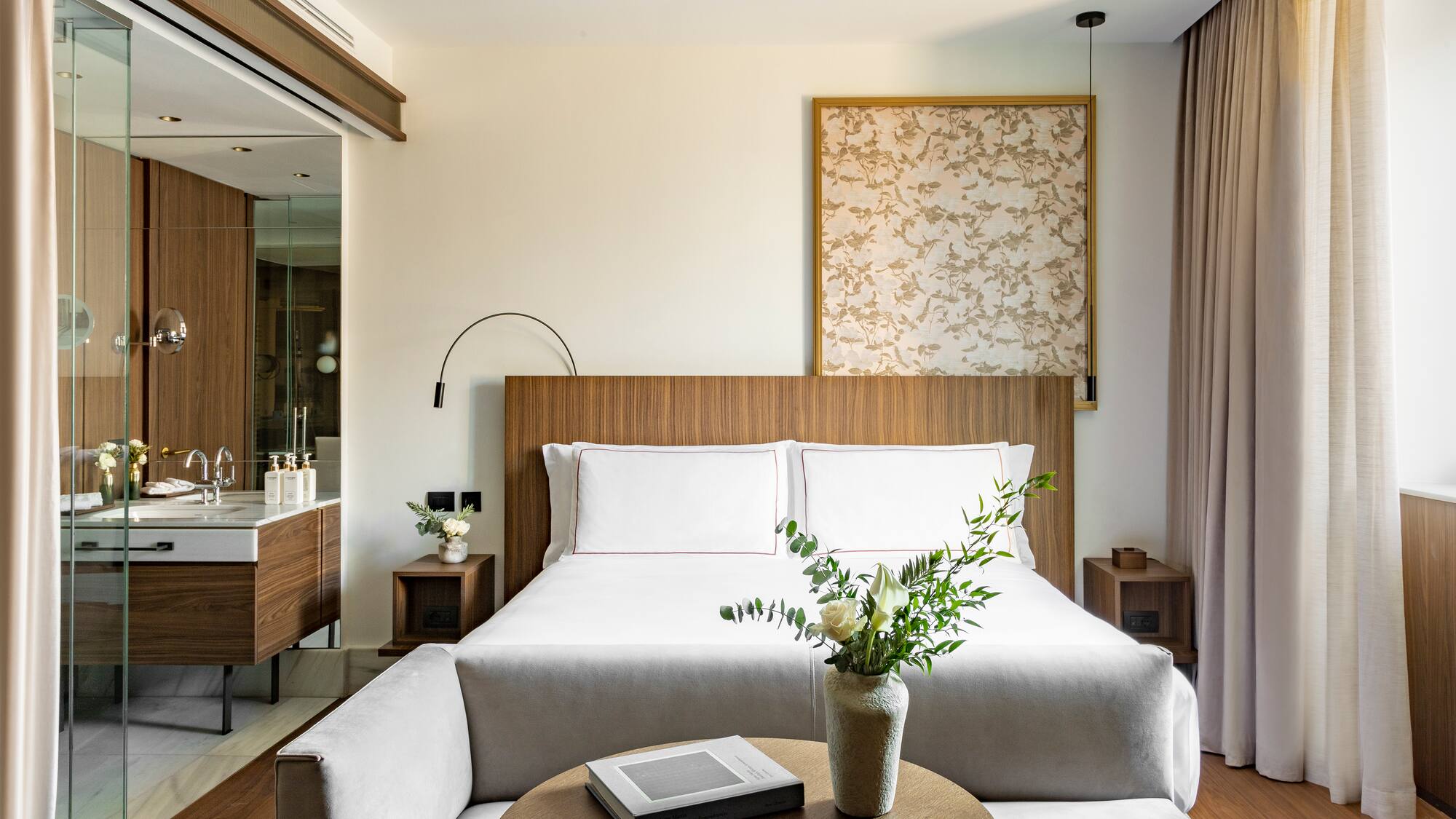 a room with a bed and a table