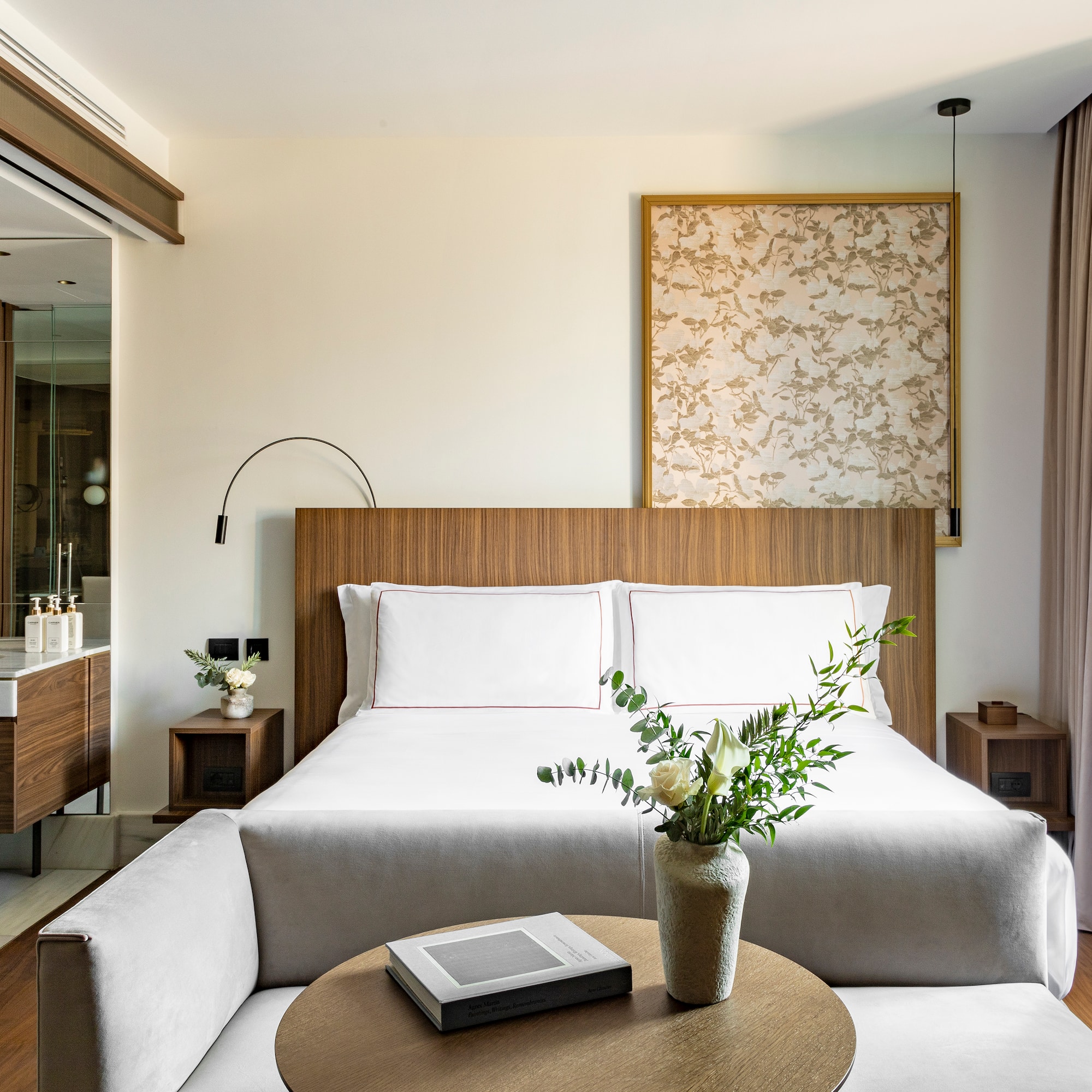 a room with a bed and a table