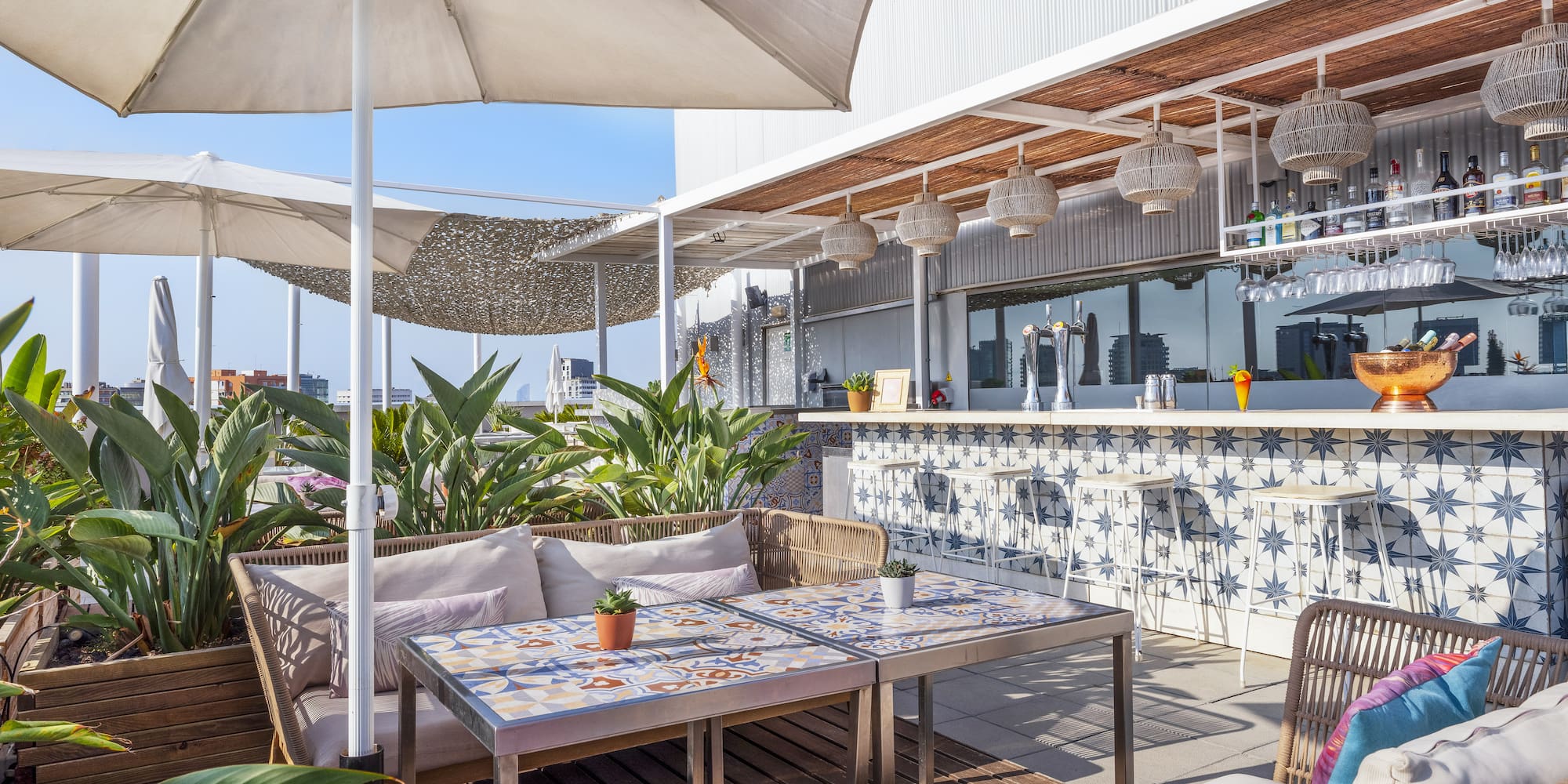 a patio with a table and chairs