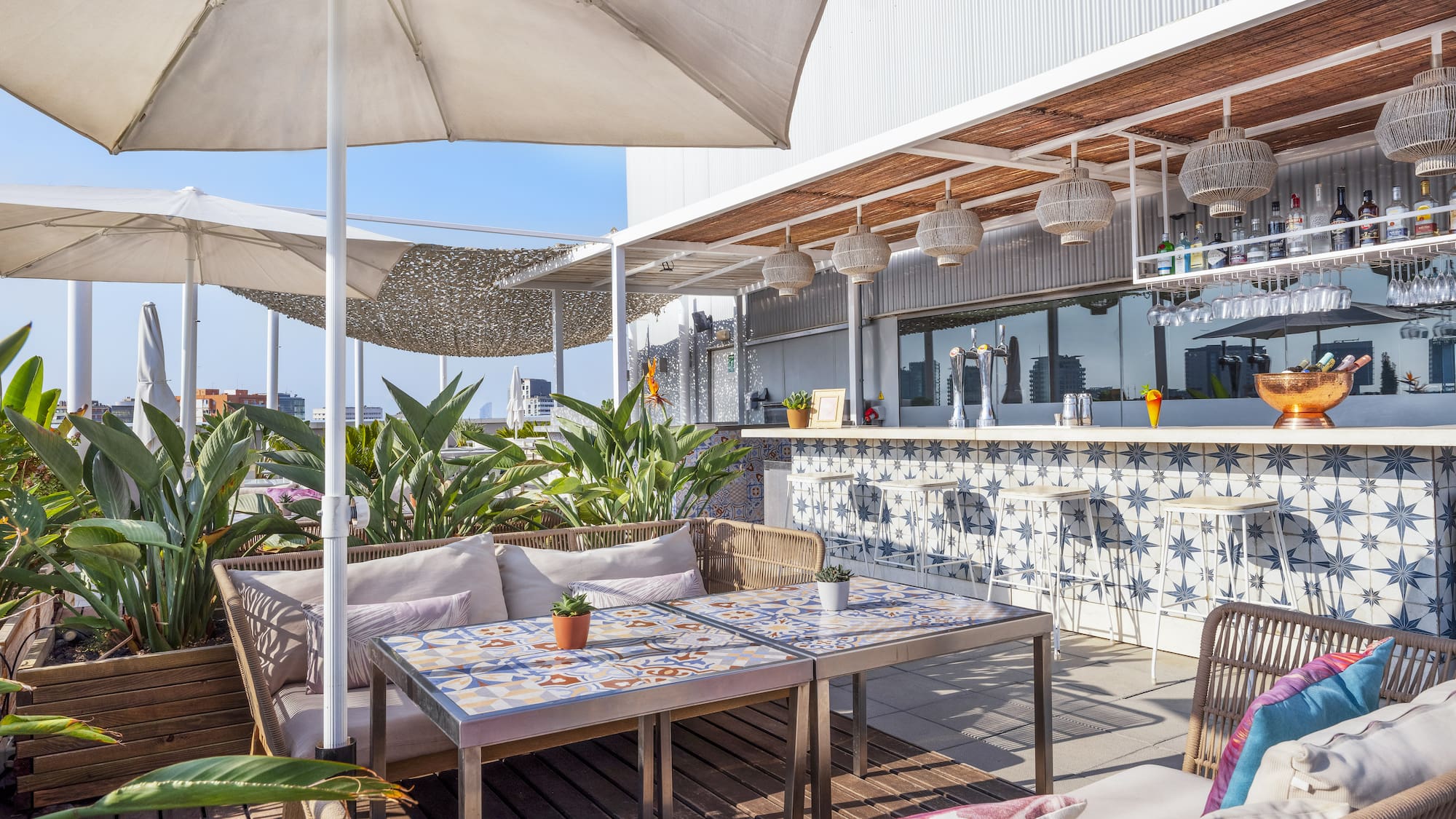 a patio with a table and chairs