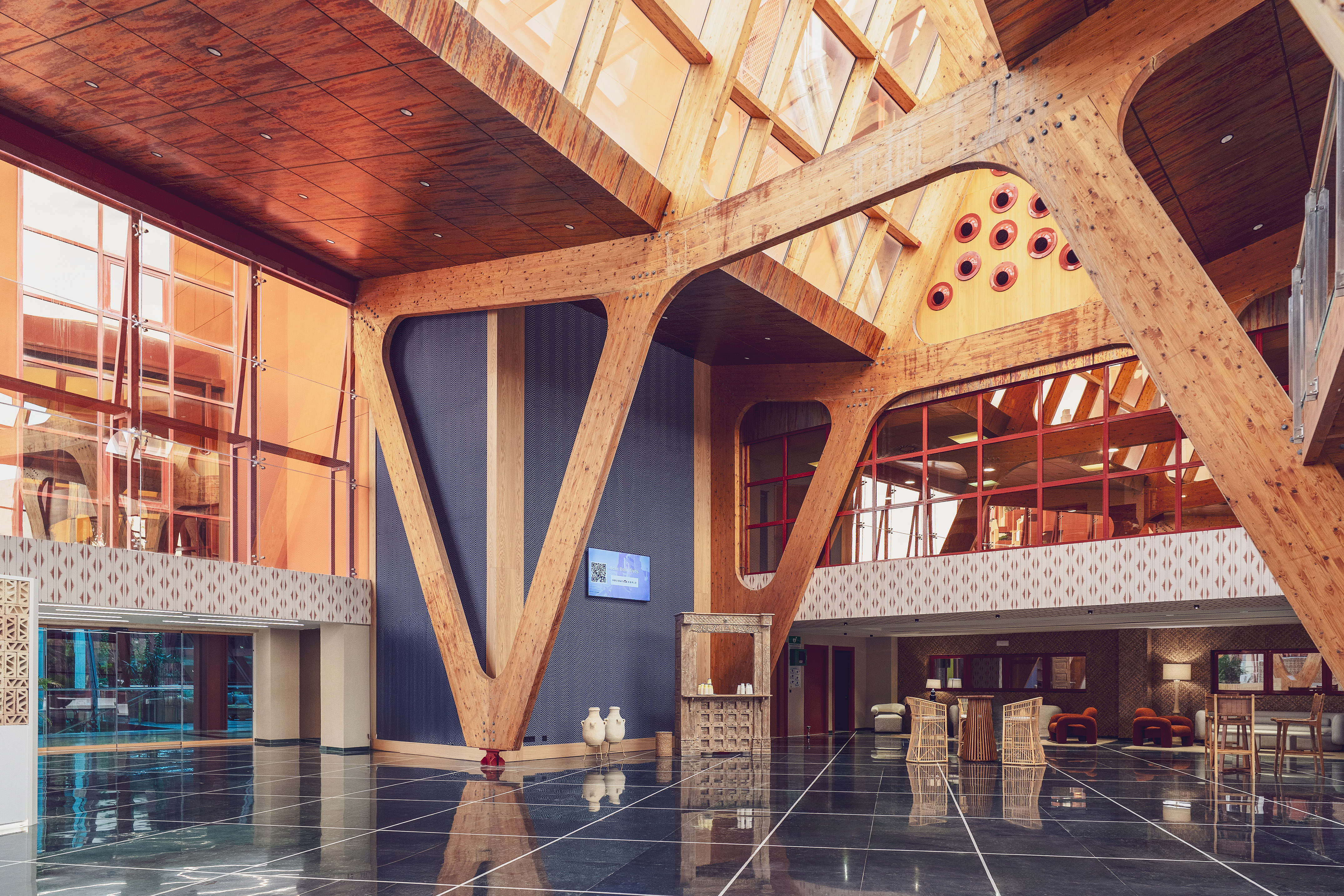 a large room with a large ceiling and a large window