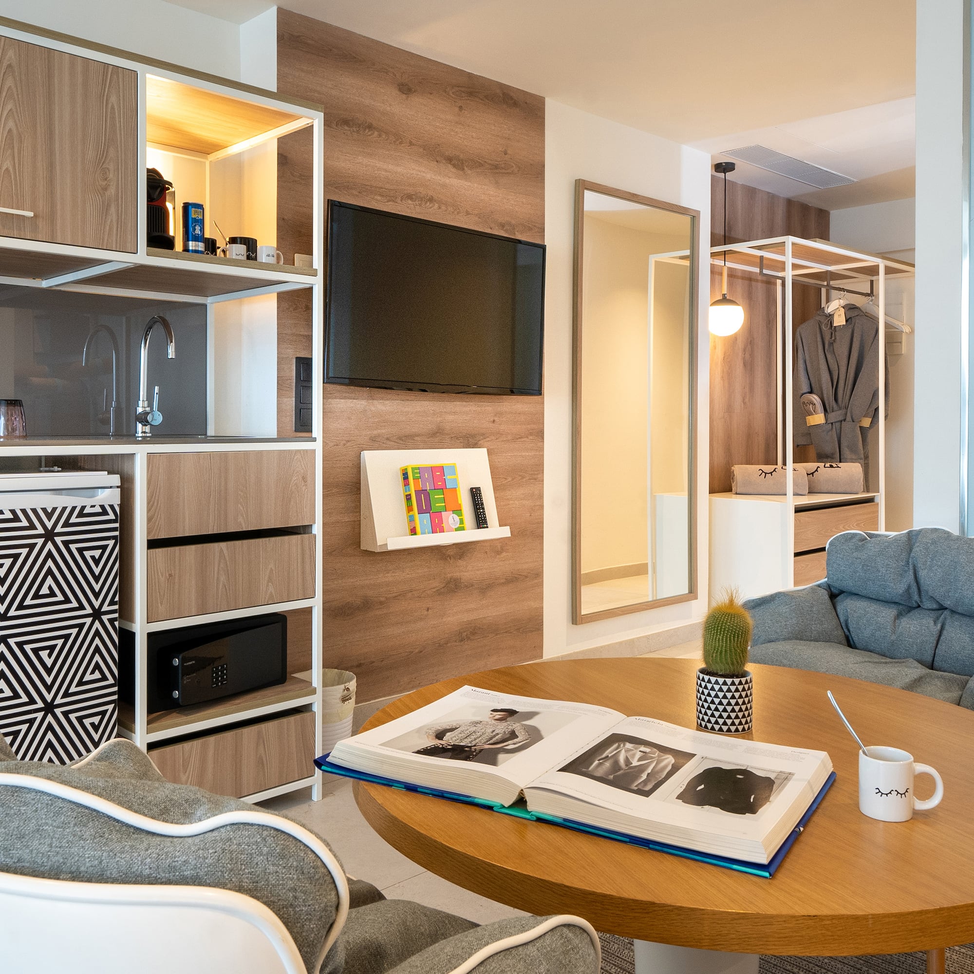 a room with a couch and a coffee table