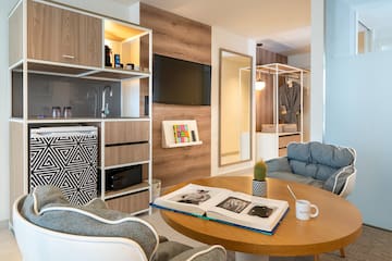 a room with a couch and a coffee table