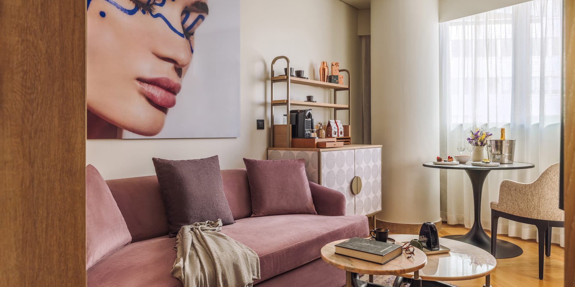 a living room with a couch and a table