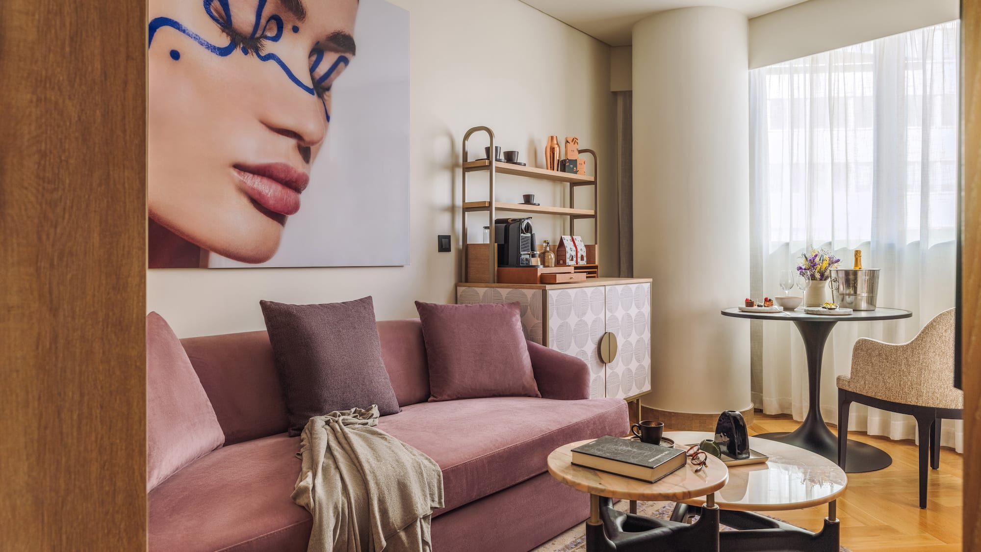 a living room with a couch and a table