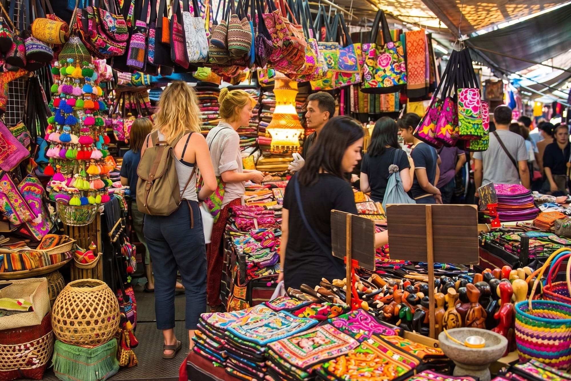 Vibrant market stall with shoppers, colorful embroidered bags and handicrafts.