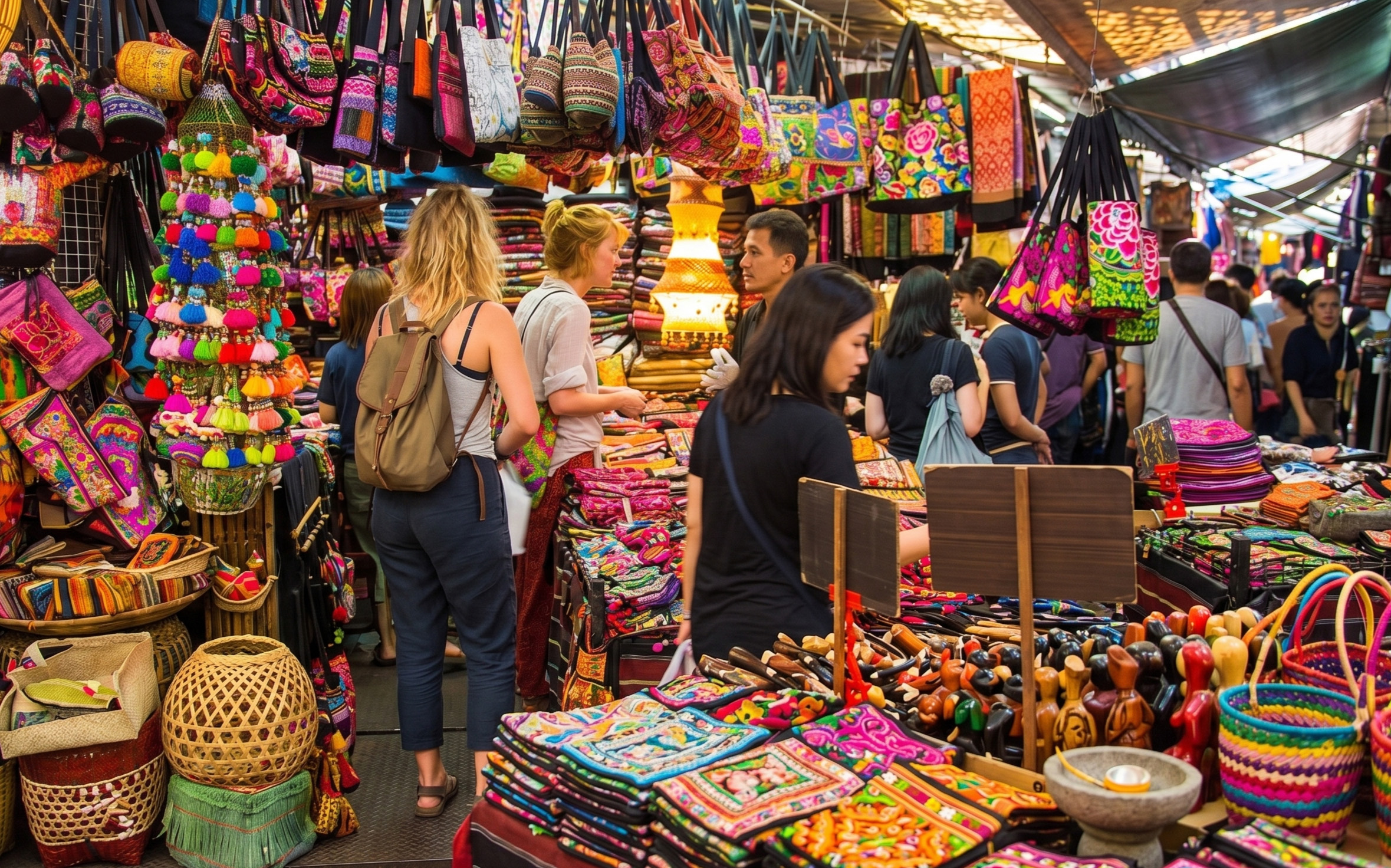 Vibrant market stall with shoppers, colorful embroidered bags and handicrafts.