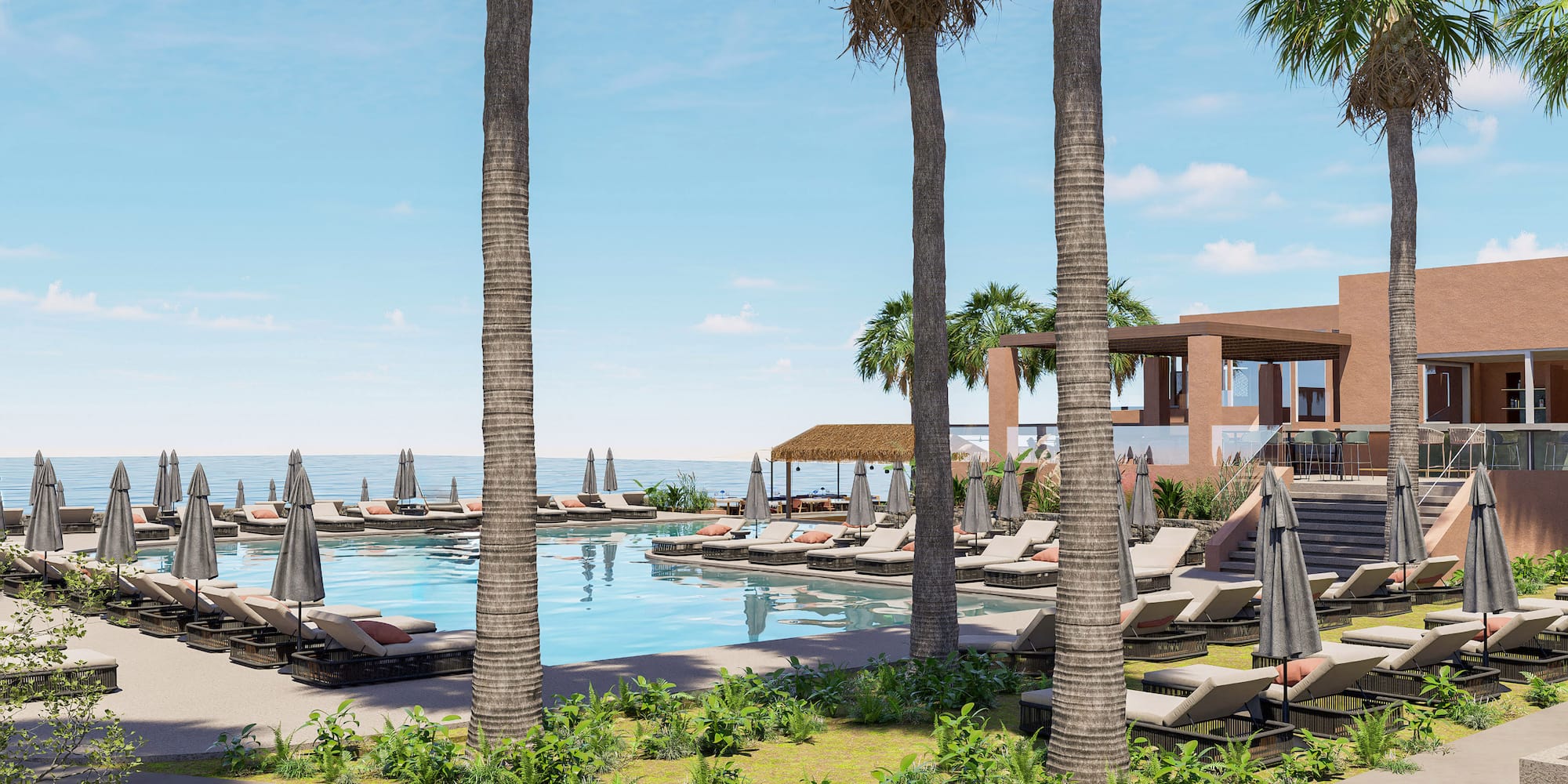 a pool with palm trees and lounge chairs