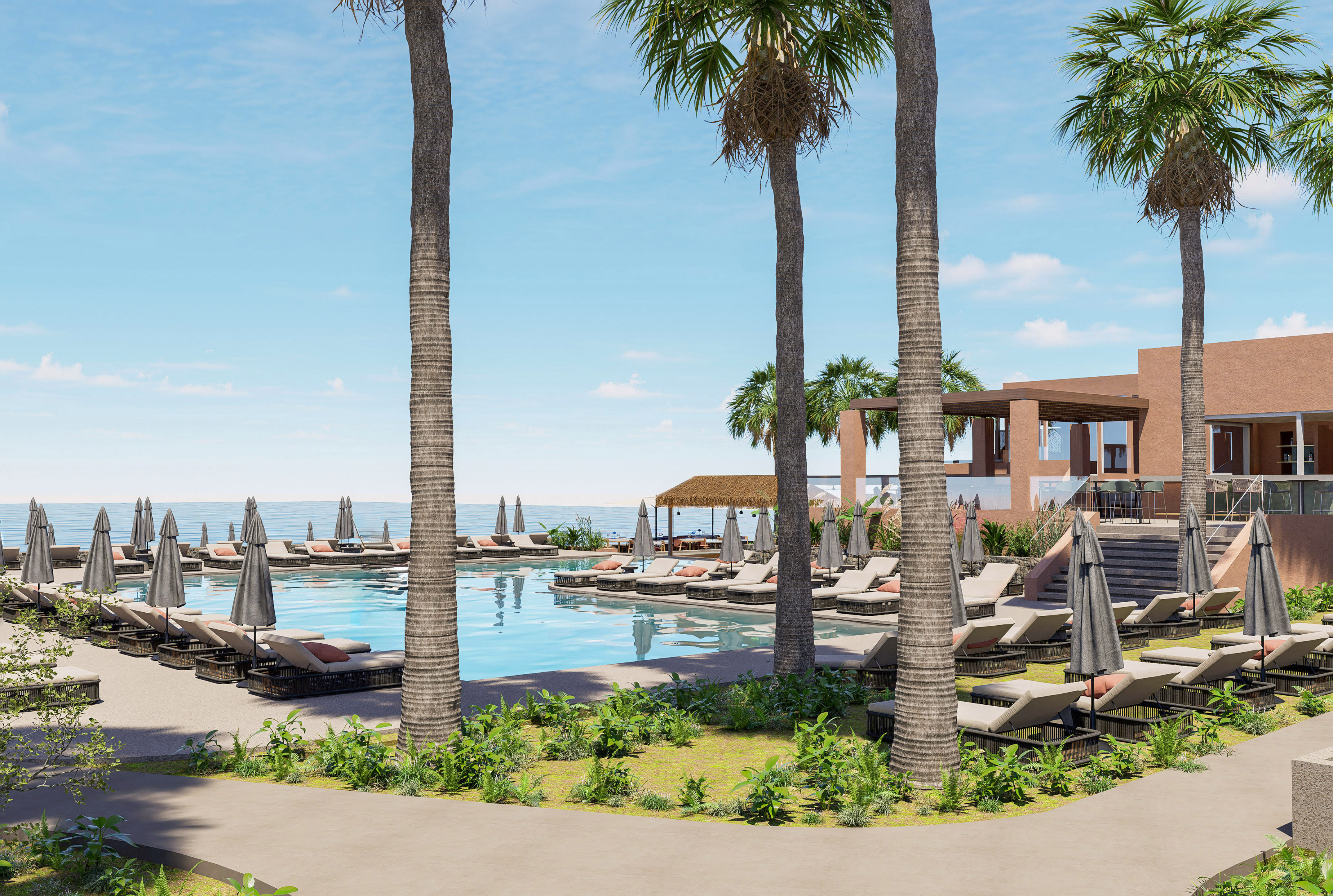 a pool with palm trees and lounge chairs