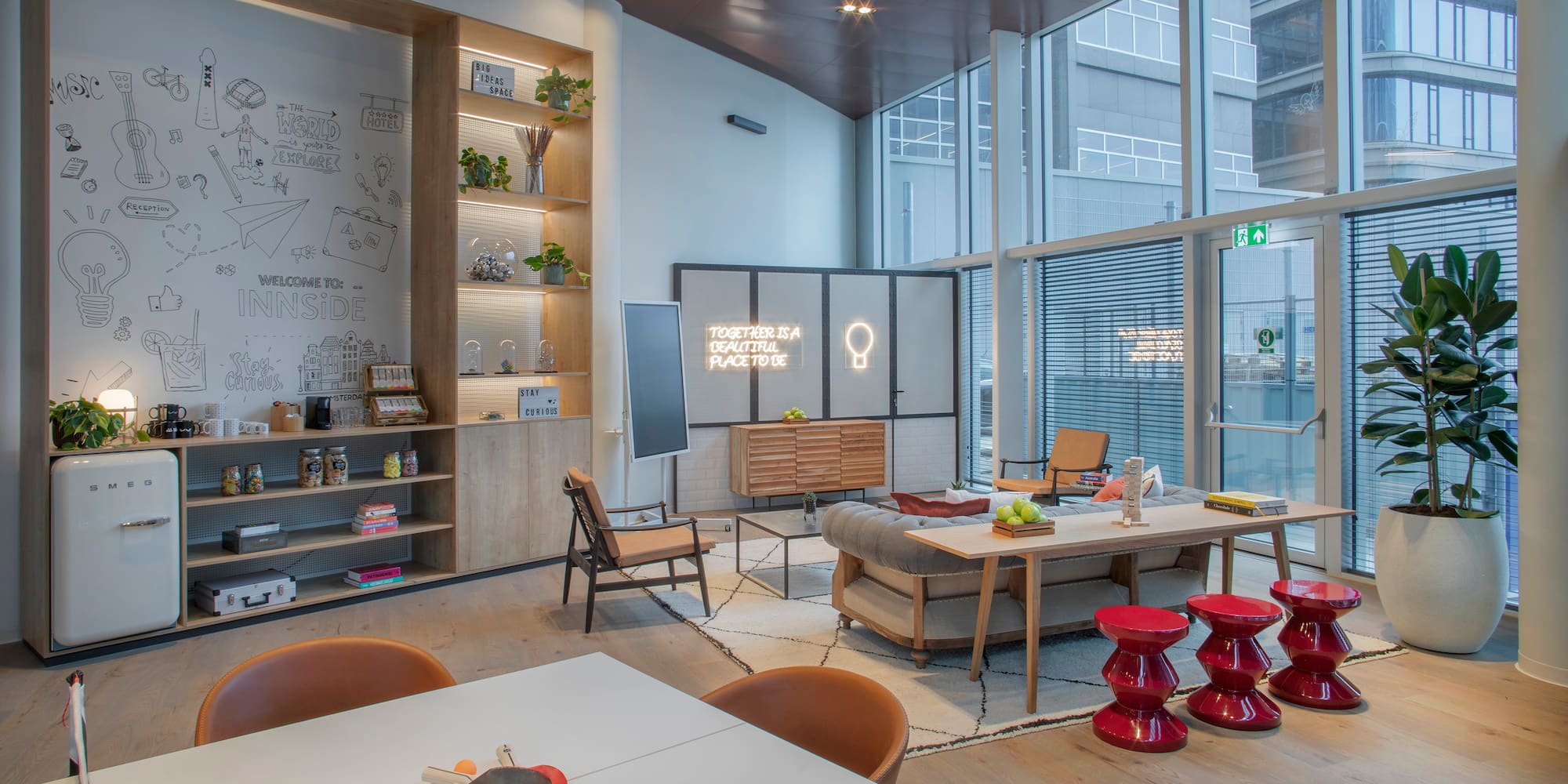 a room with a large window