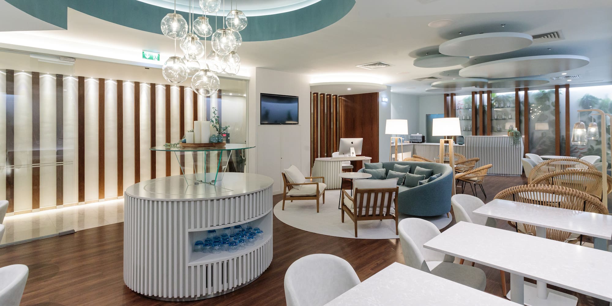 a room with tables and chairs