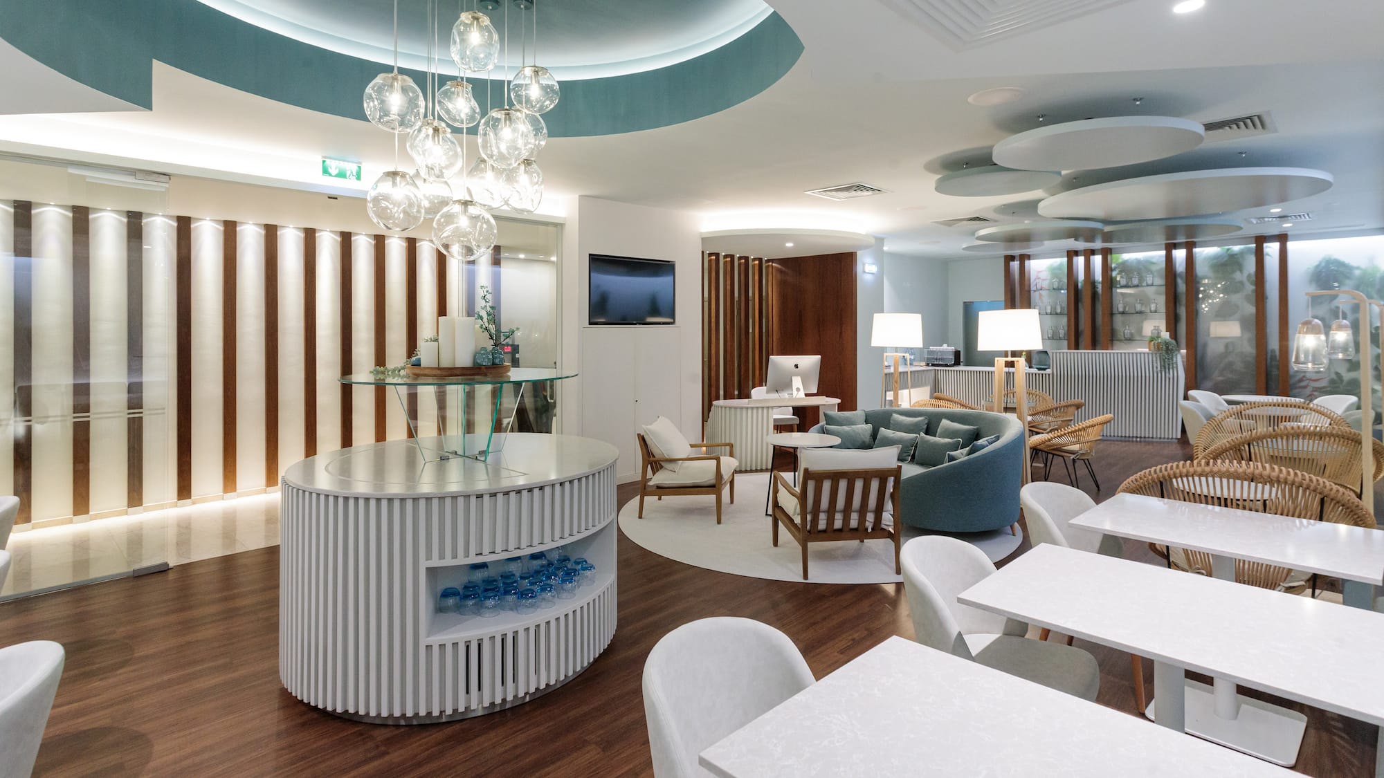 a room with tables and chairs