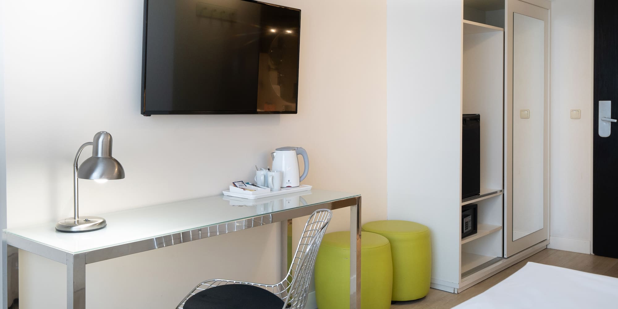 a room with a tv and a table