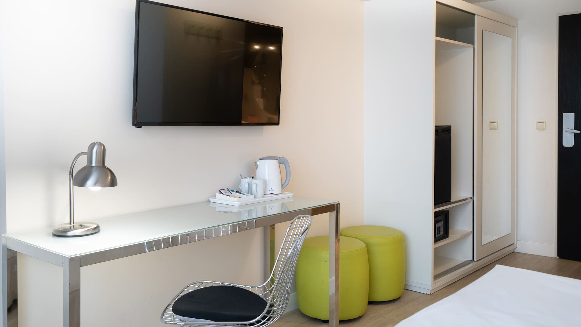 a room with a tv and a table