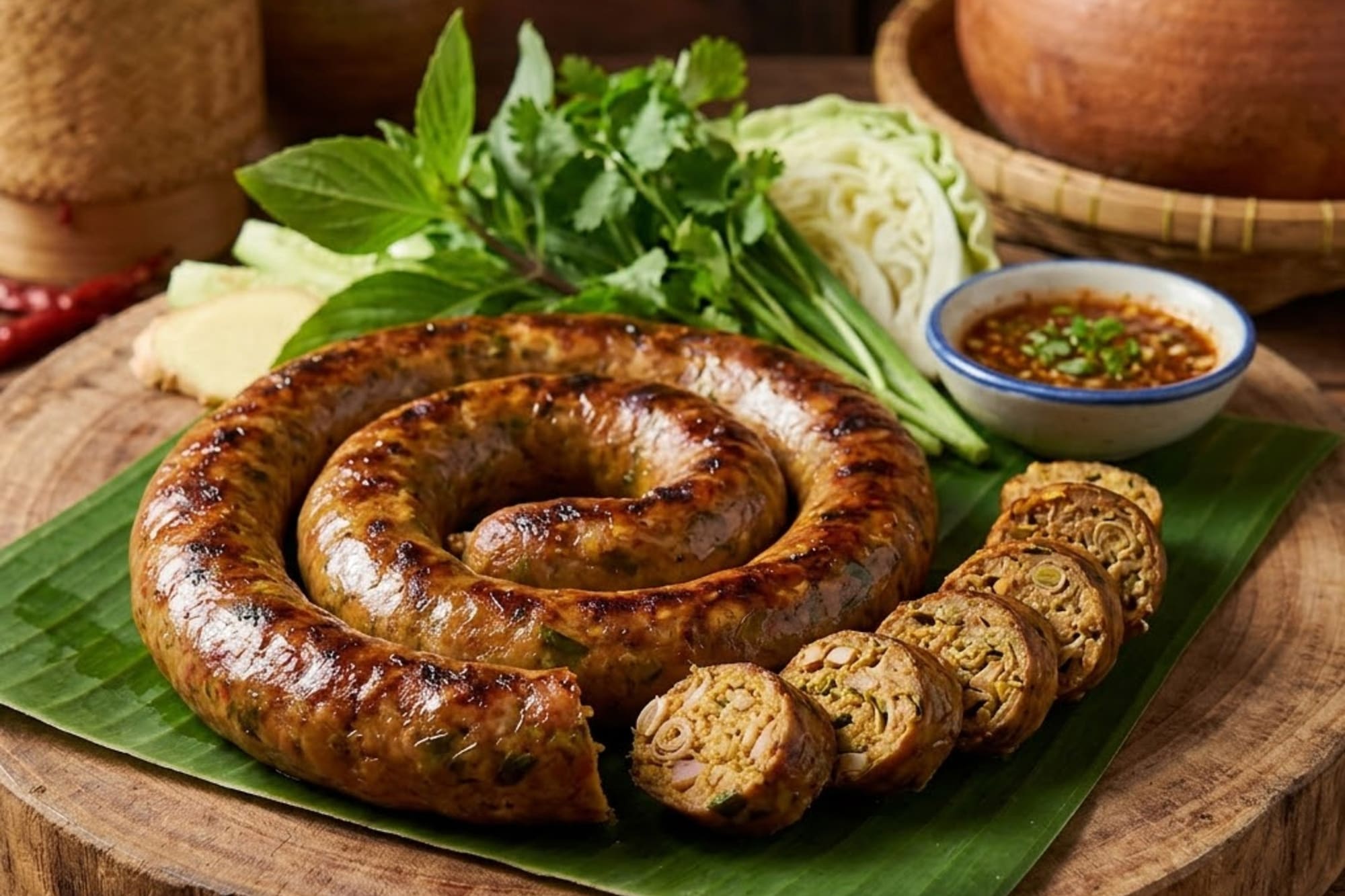 Grilled Sai Oua Northern Thai sausage on banana leaf with herbs and dipping sauce.