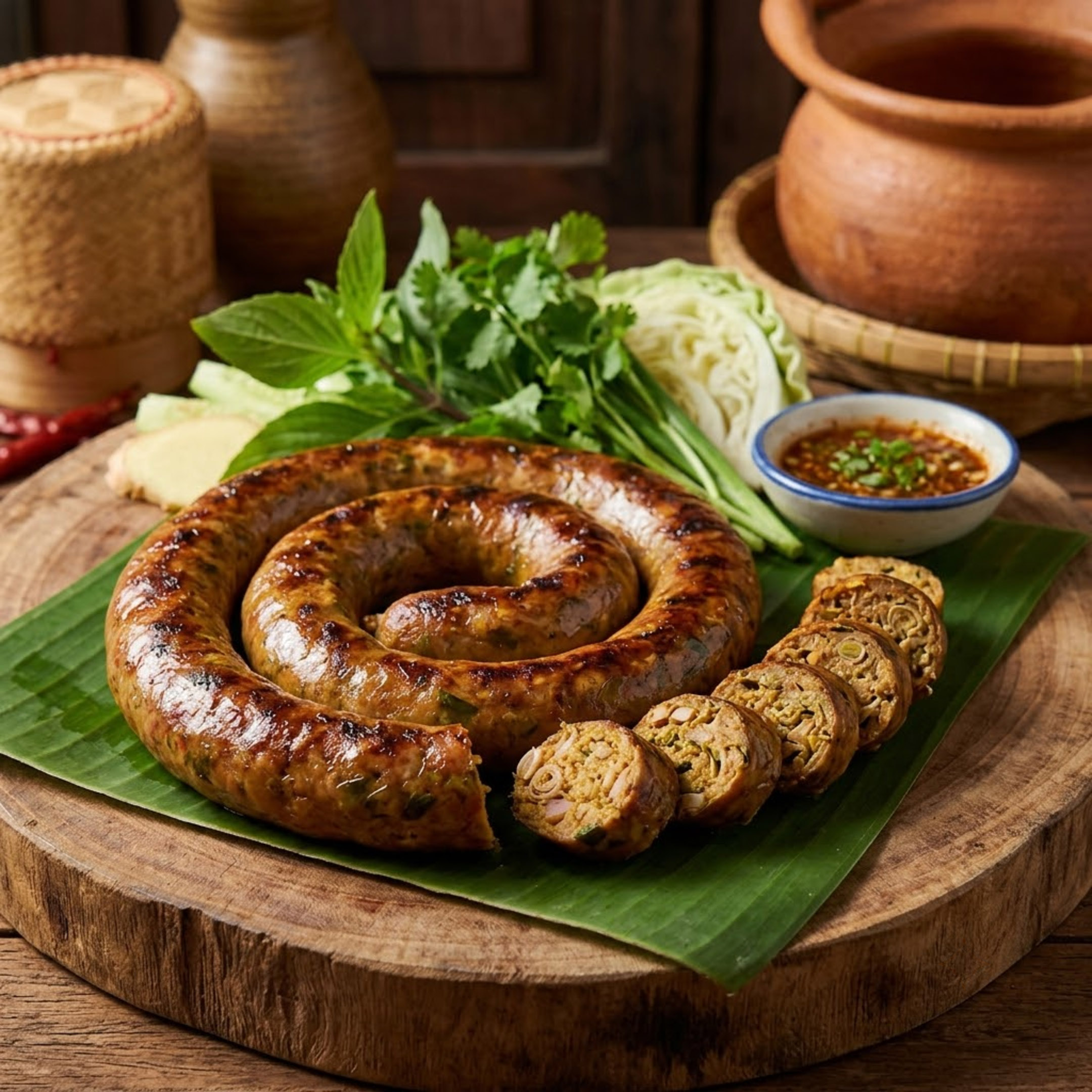 Grilled Sai Oua Northern Thai sausage on banana leaf with herbs and dipping sauce.