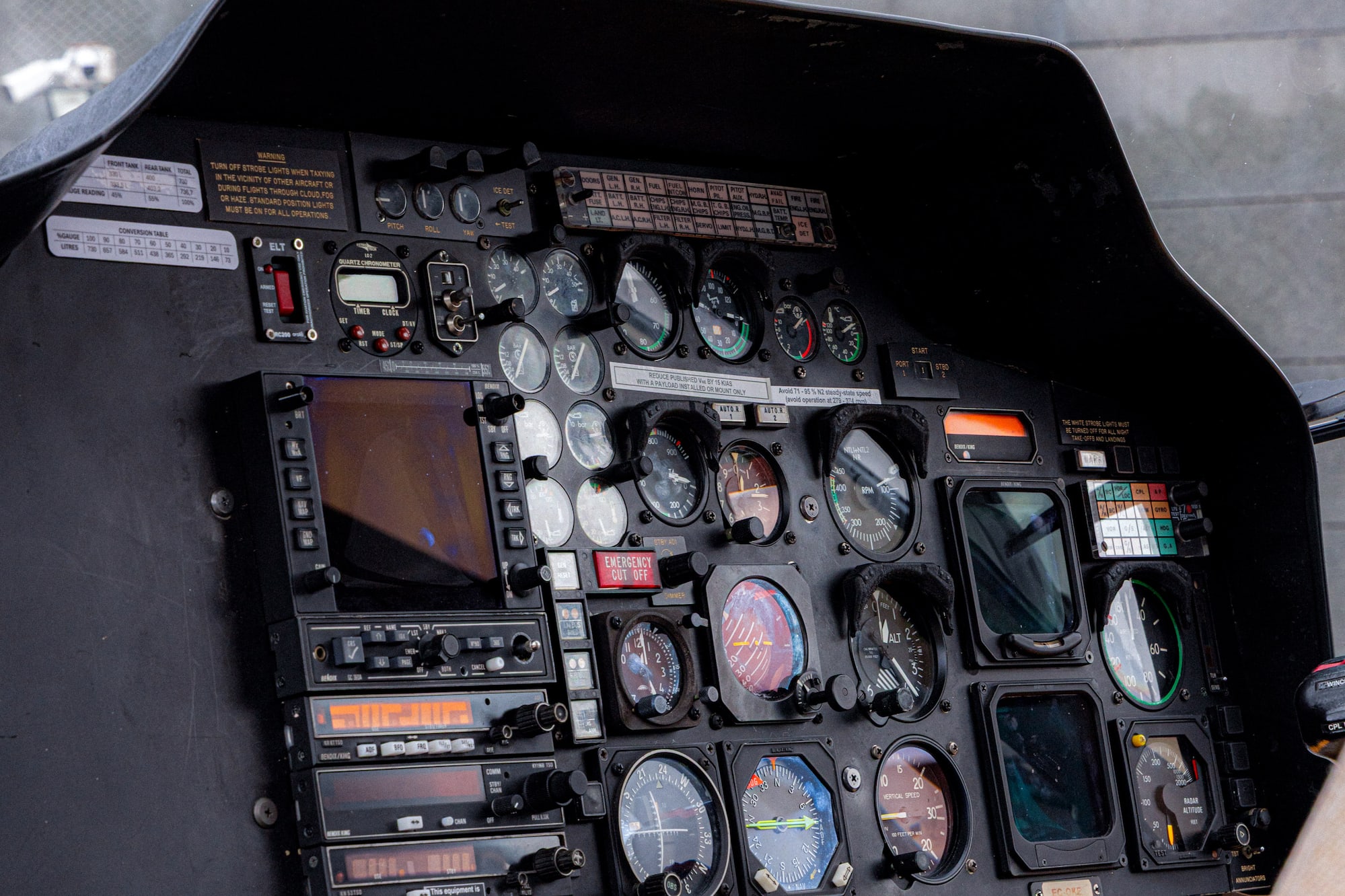 Close-up of a helicopter's detailed instrument panel with gauges and avionics.