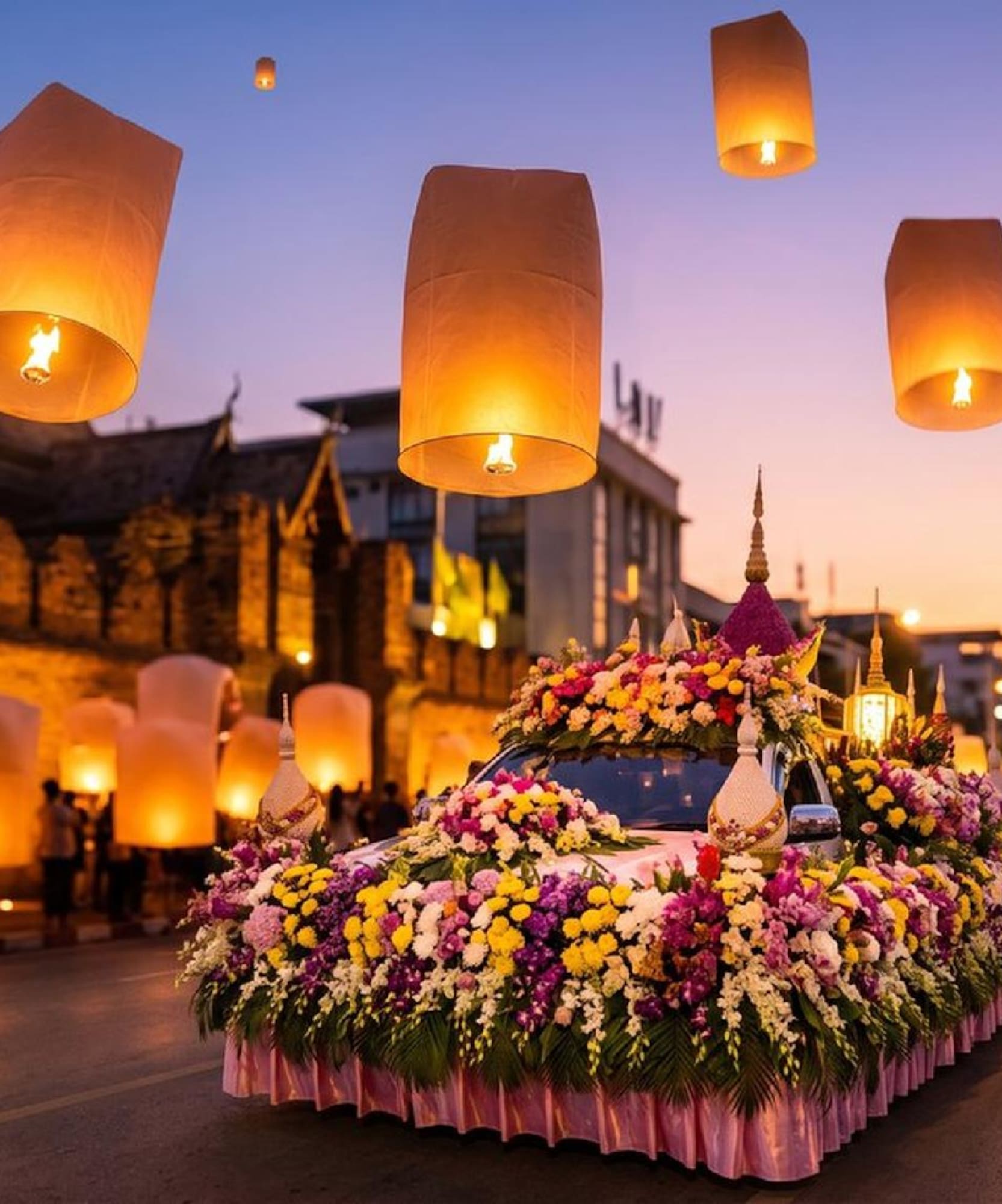 Yi Peng sky lanterns illuminating a flower parade float at dusk in Thailand.