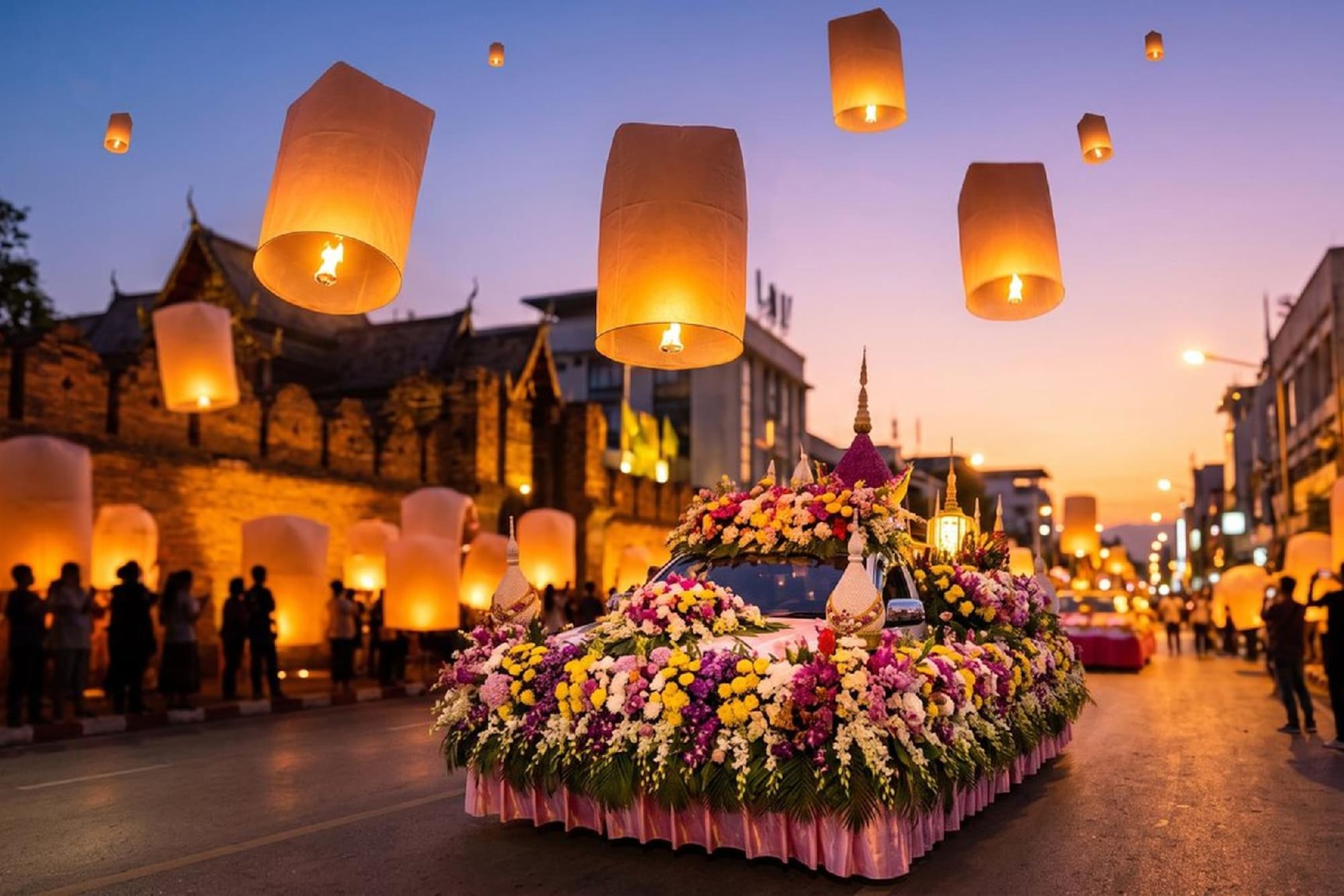 Yi Peng sky lanterns illuminating a flower parade float at dusk in Thailand.