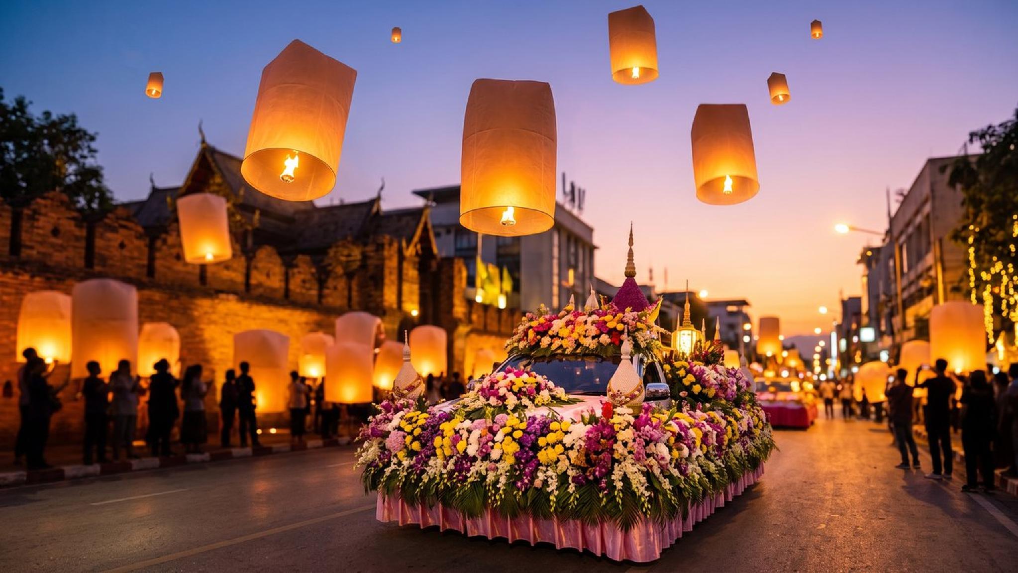 Yi Peng sky lanterns illuminating a flower parade float at dusk in Thailand.