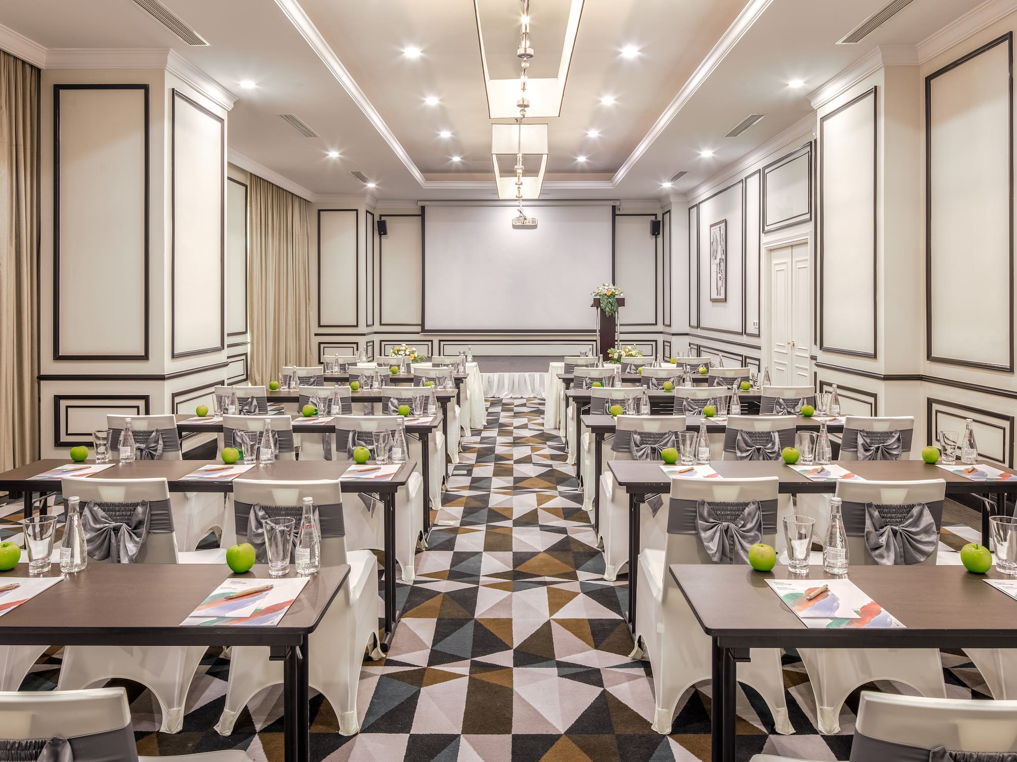 a room with tables and chairs